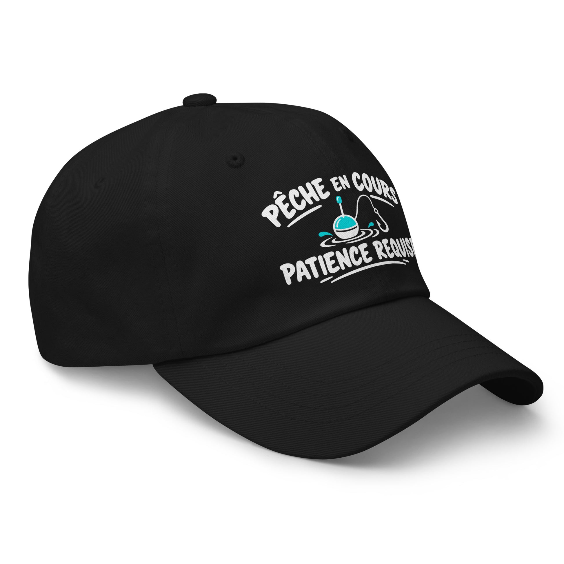 Casquette Baseball, brodée « Pêche en cours, patience requise », en Noir, vue de trois quarts, image 6