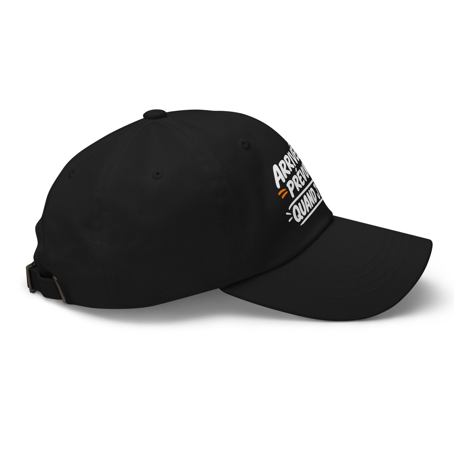 Casquette Baseball, brodée « Arrivée prévue ? quand j'arrive », en Noir, vue de côté, image 7