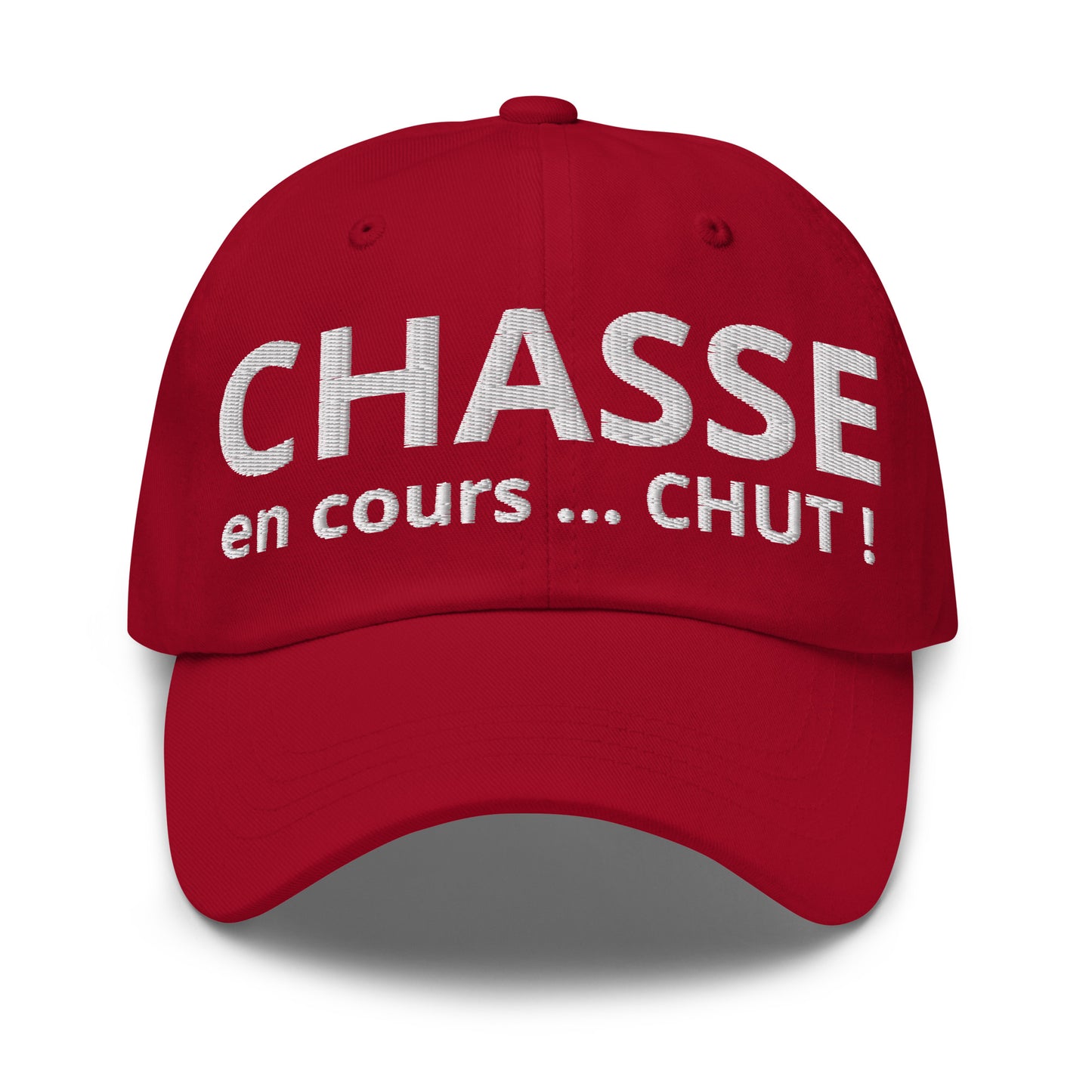 Casquette Baseball, brodée « Chasse en cours ... CHUT ! », en Canneberge, vue de face, image 4