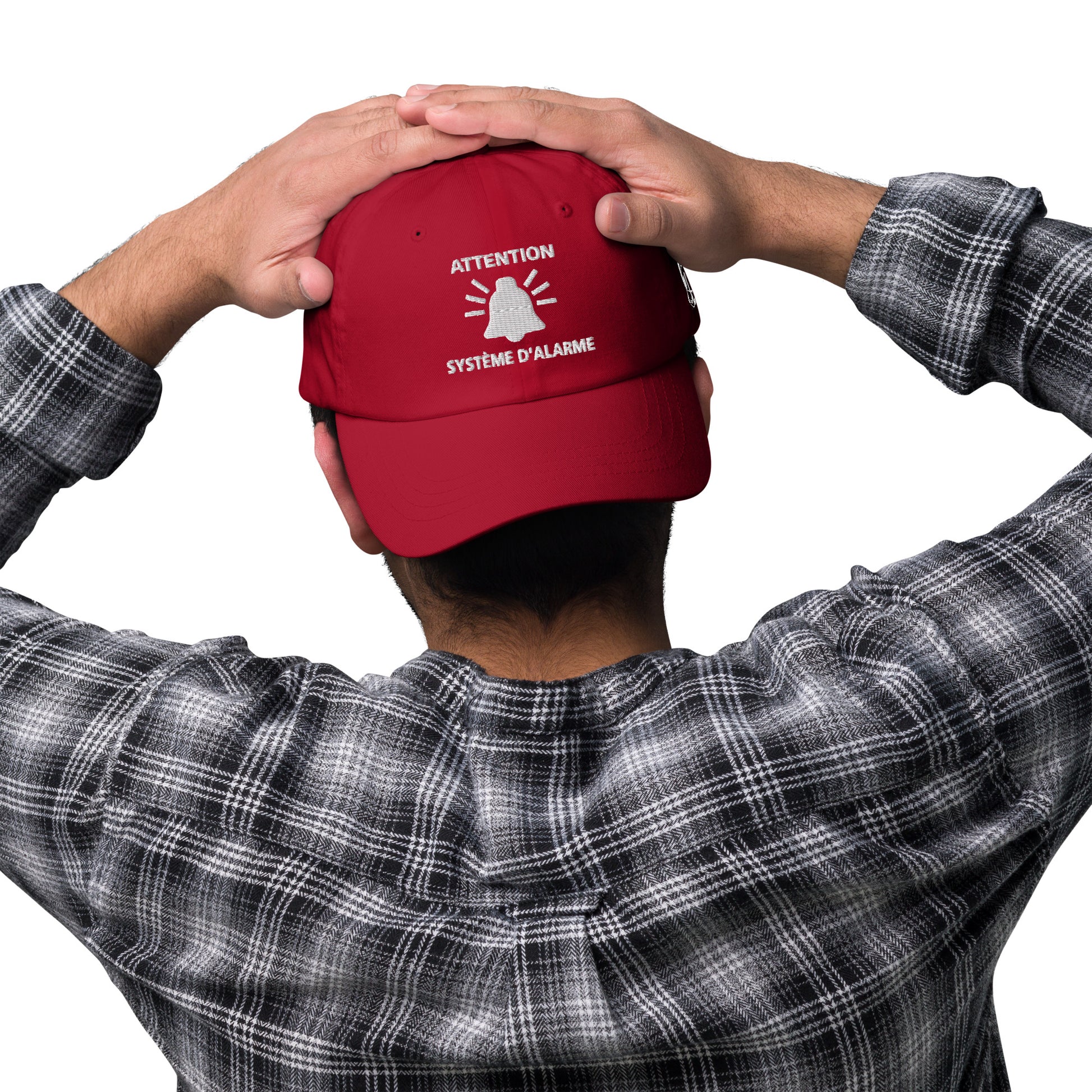 Casquette Baseball, brodée « Attention, système d'alarme », en Canneberge, vue de face, image 11