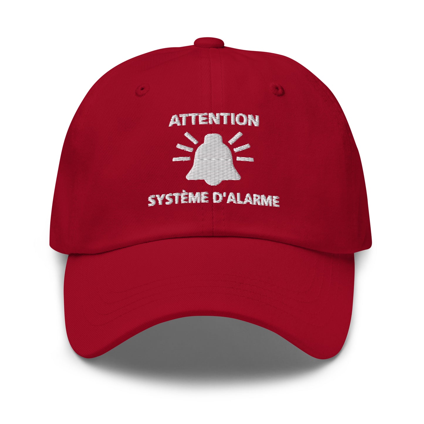 Casquette Baseball, brodée « Attention, système d'alarme », en Canneberge, vue de face, image 3