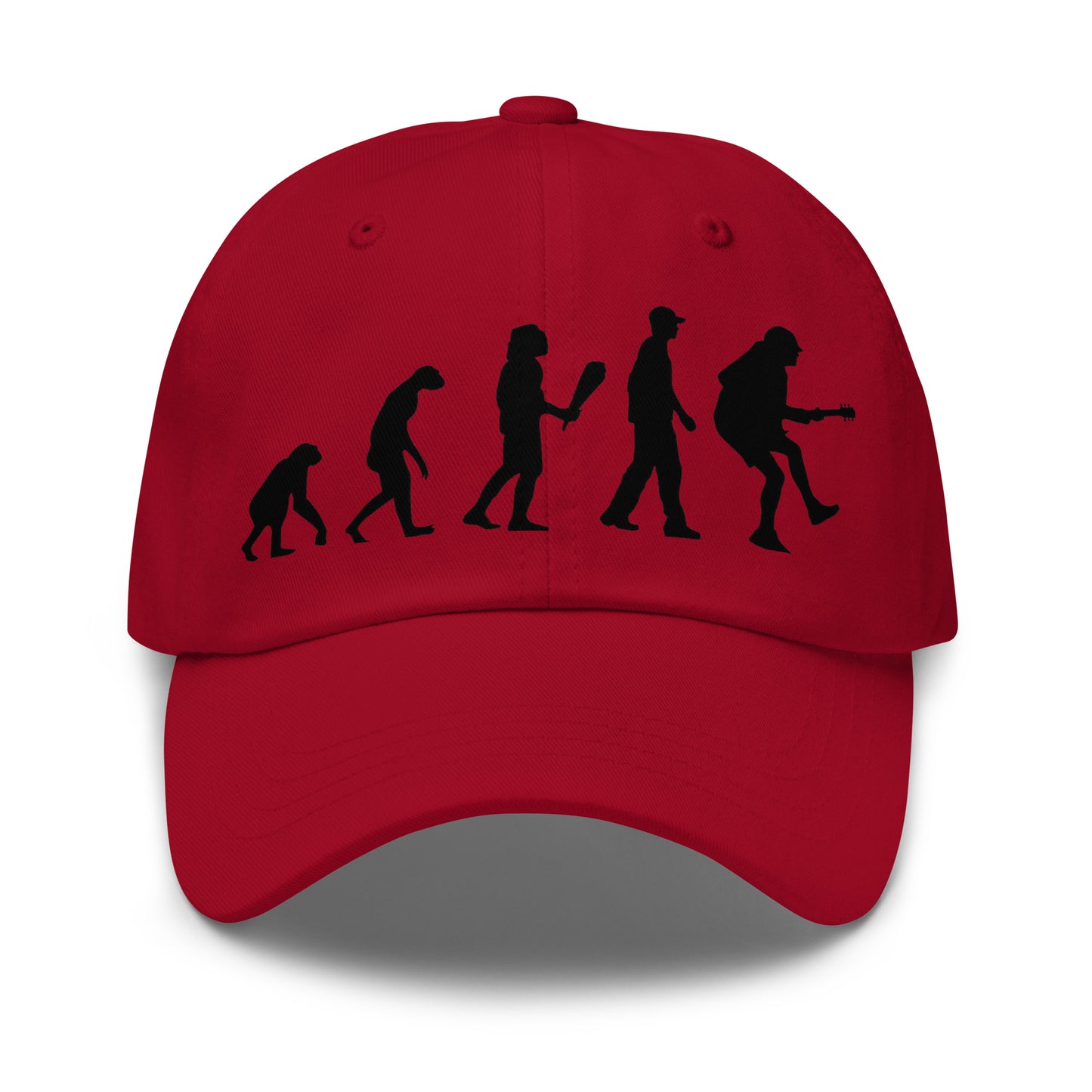Casquette Baseball, brodée « Evolution de l'homme jusqu'à un guitariste », en Canneberge, vue de face, image 2