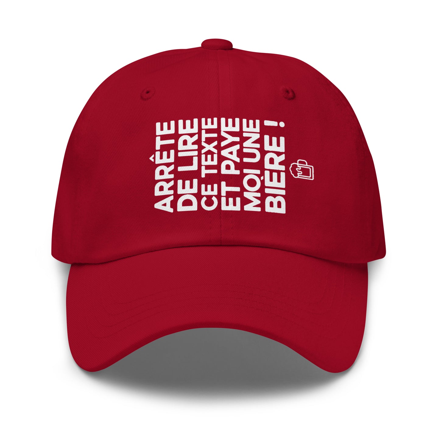 Casquette Baseball, brodée « Arrête de lire ce texte et paye moi une bière », en Canneberge, vue de face, image 14