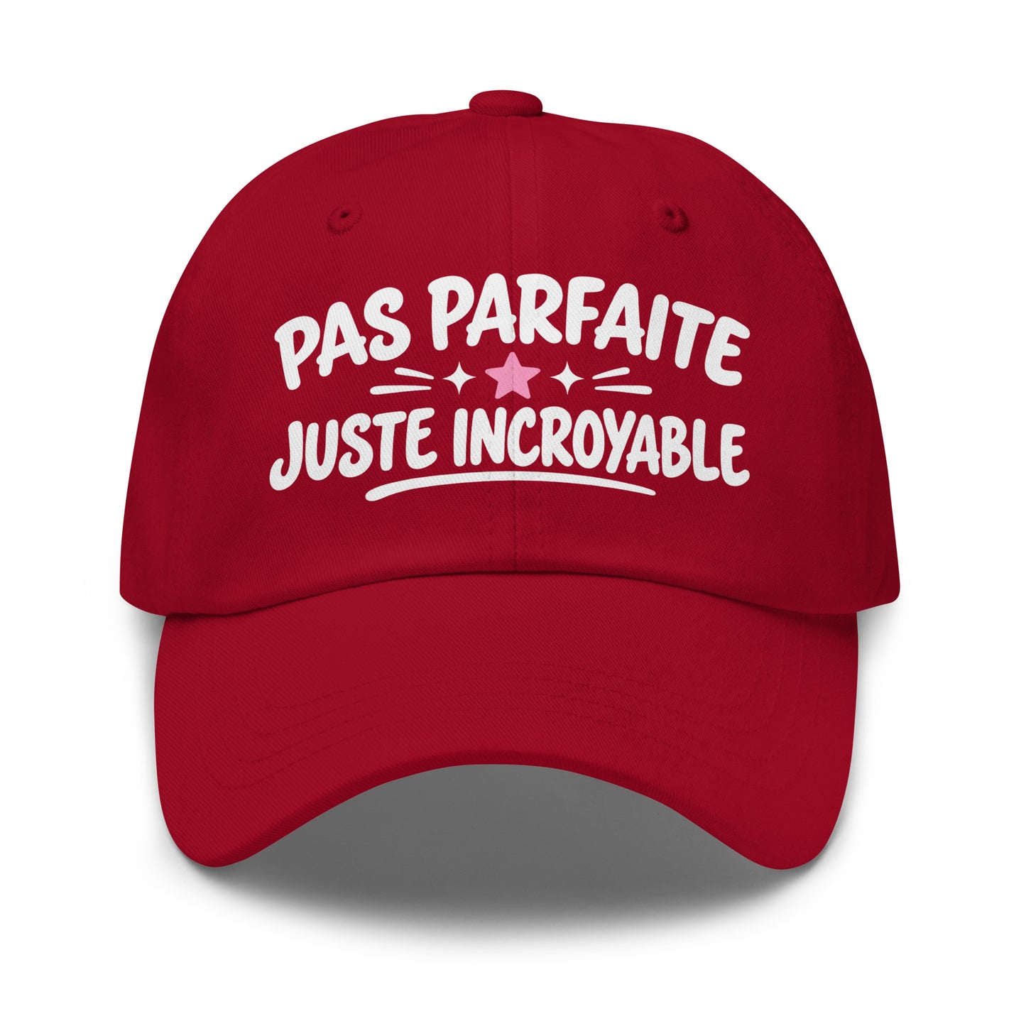 Casquette Baseball, brodée « Pas parfaite, juste incroyable », en Canneberge, vue de face, image 13