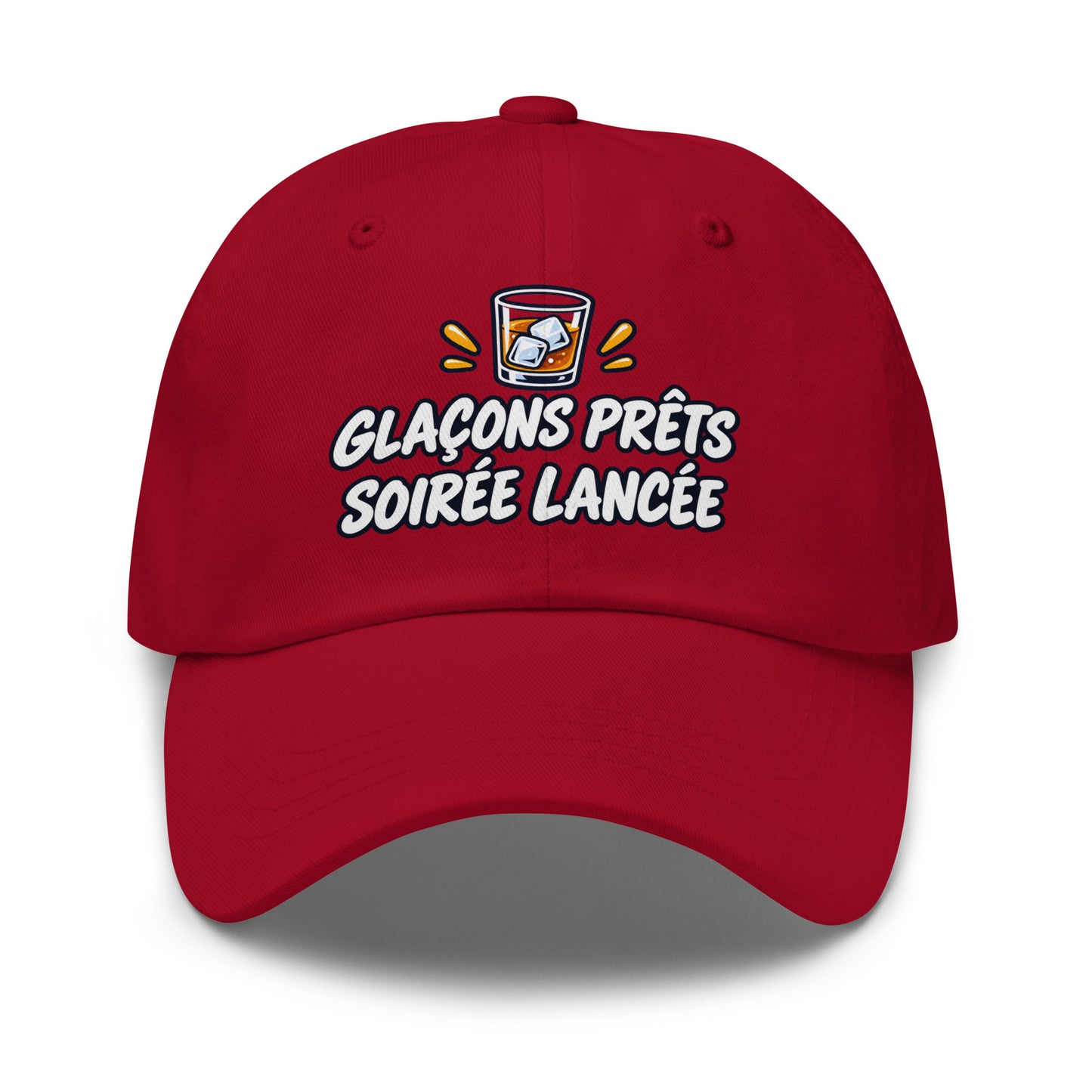 Casquette Baseball, brodée « Glaçons prêts, soirée lancée », en Canneberge, vue de face, image 14