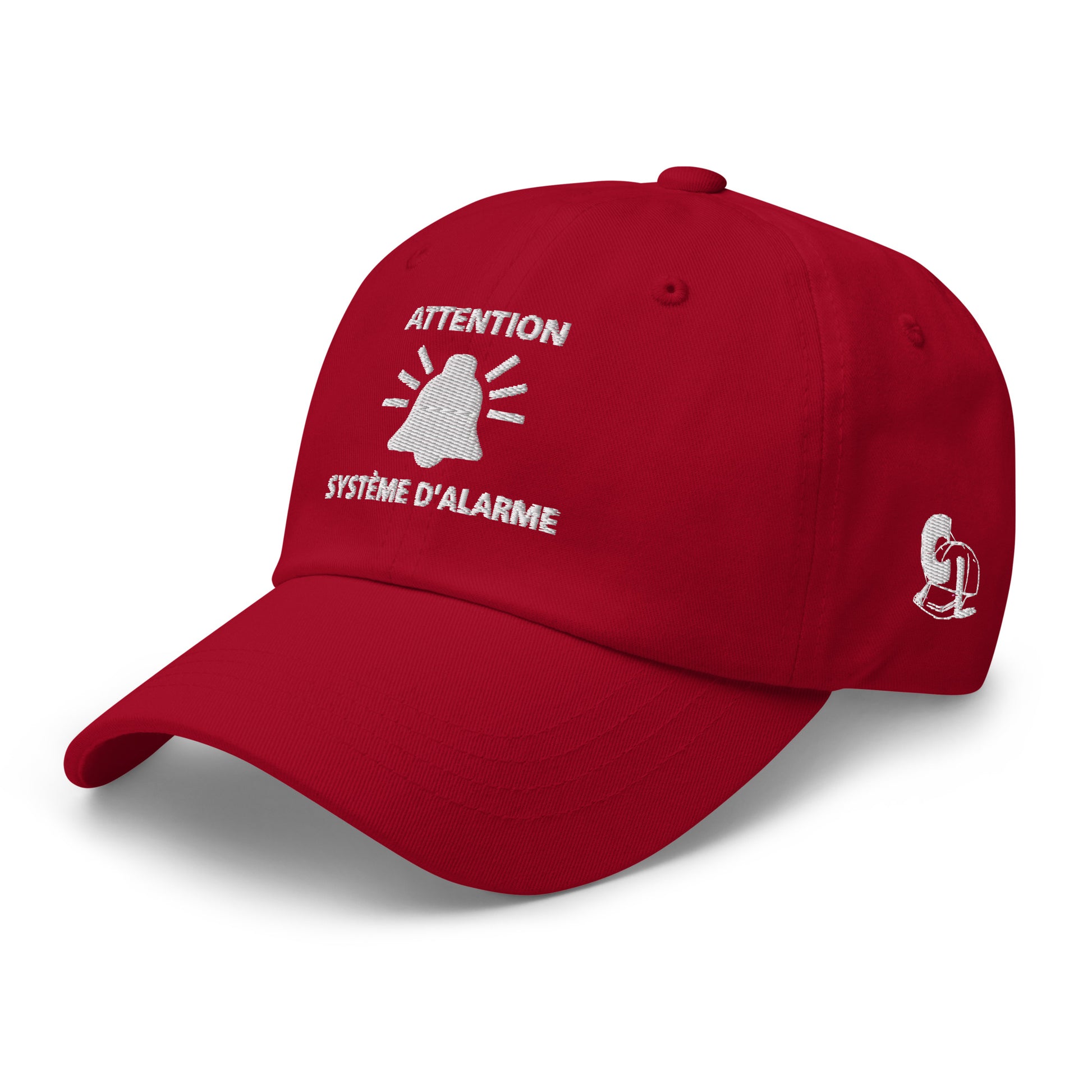 Casquette Baseball, brodée « Attention, système d'alarme », en Canneberge, vue de trois quarts