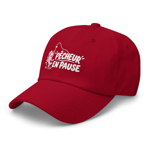 Casquette Baseball, brodée « Pêcheur en pause », en Canneberge, vue de trois quarts