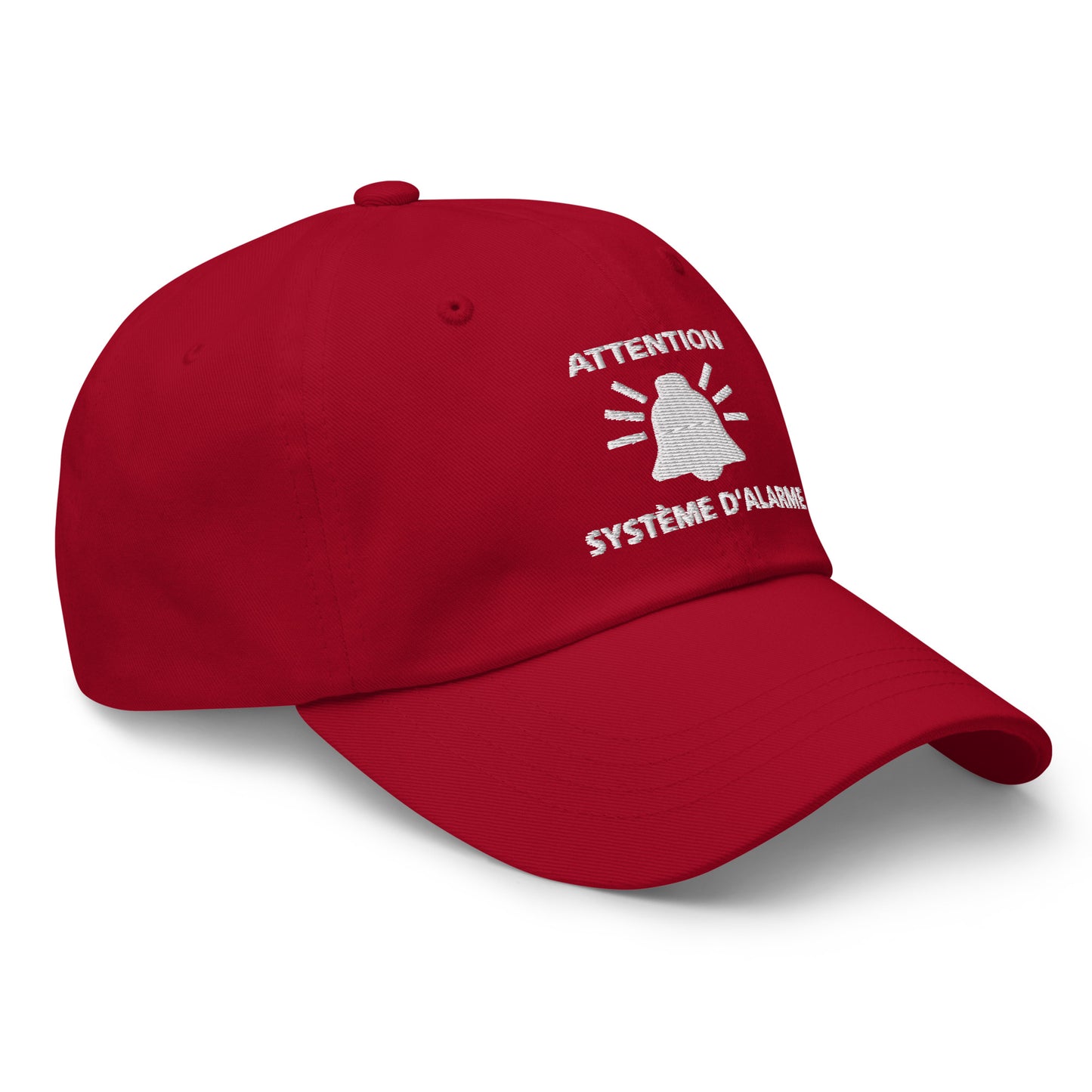 Casquette Baseball, brodée « Attention, système d'alarme », en Canneberge, vue de trois quarts, image 28