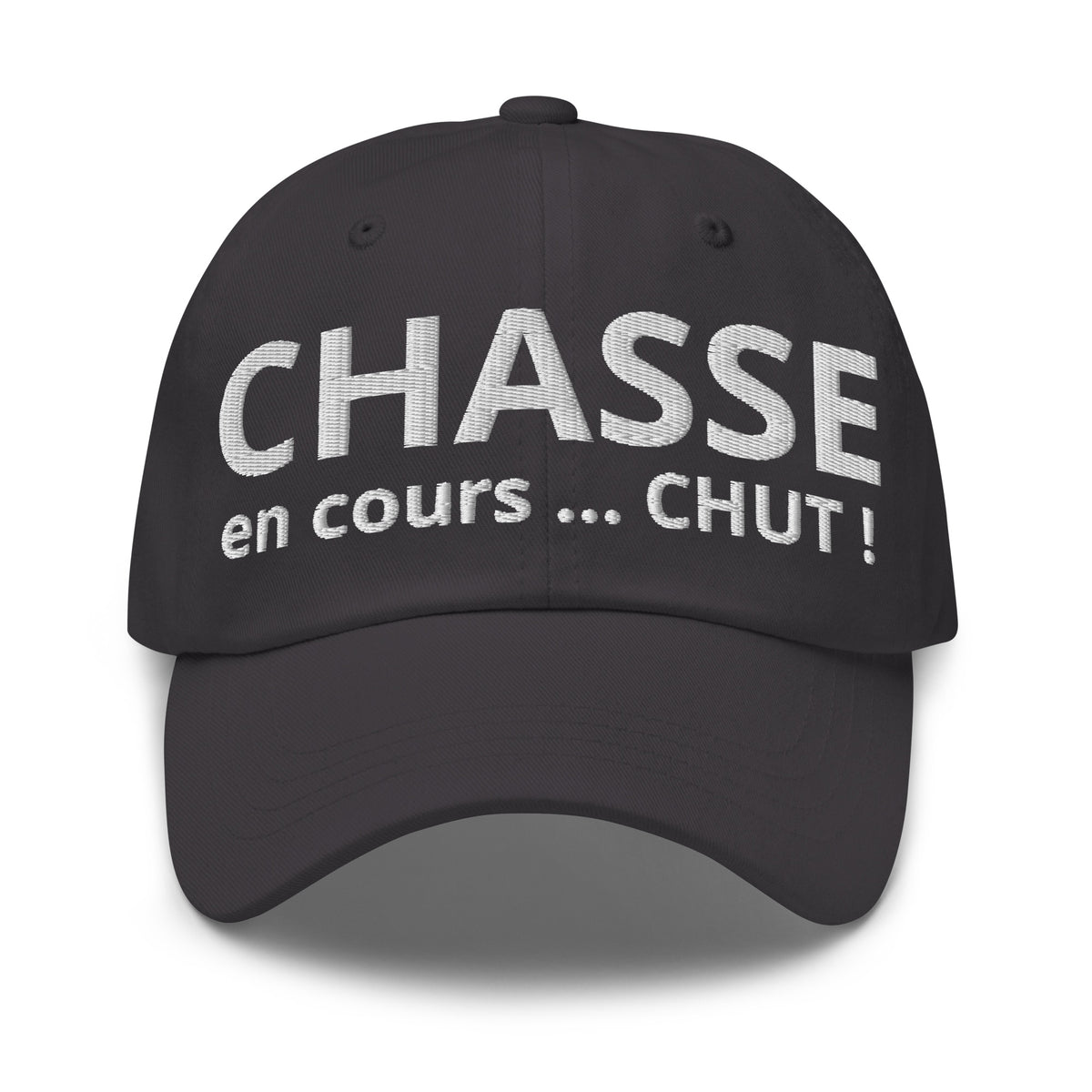 Casquette Baseball, brodée « Chasse en cours ... CHUT ! », en Gris Foncé, vue de face, image 9