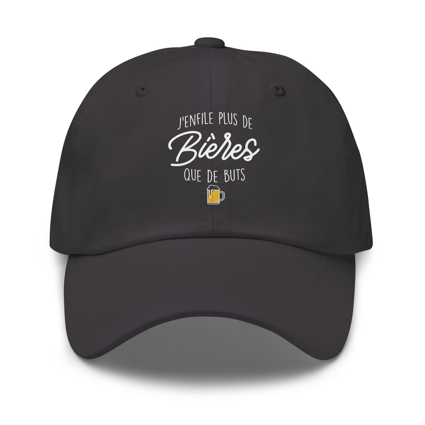 Casquette Baseball, brodée « J'enfile plus de bières que de buts », en Gris Foncé, vue de face, image 8