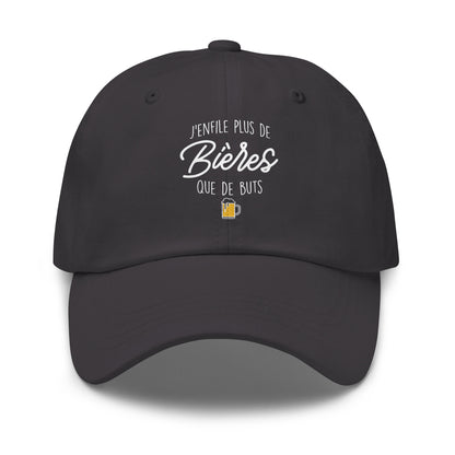 Casquette Baseball, brodée « J'enfile plus de bières que de buts », en Gris Foncé, vue de face, image 8