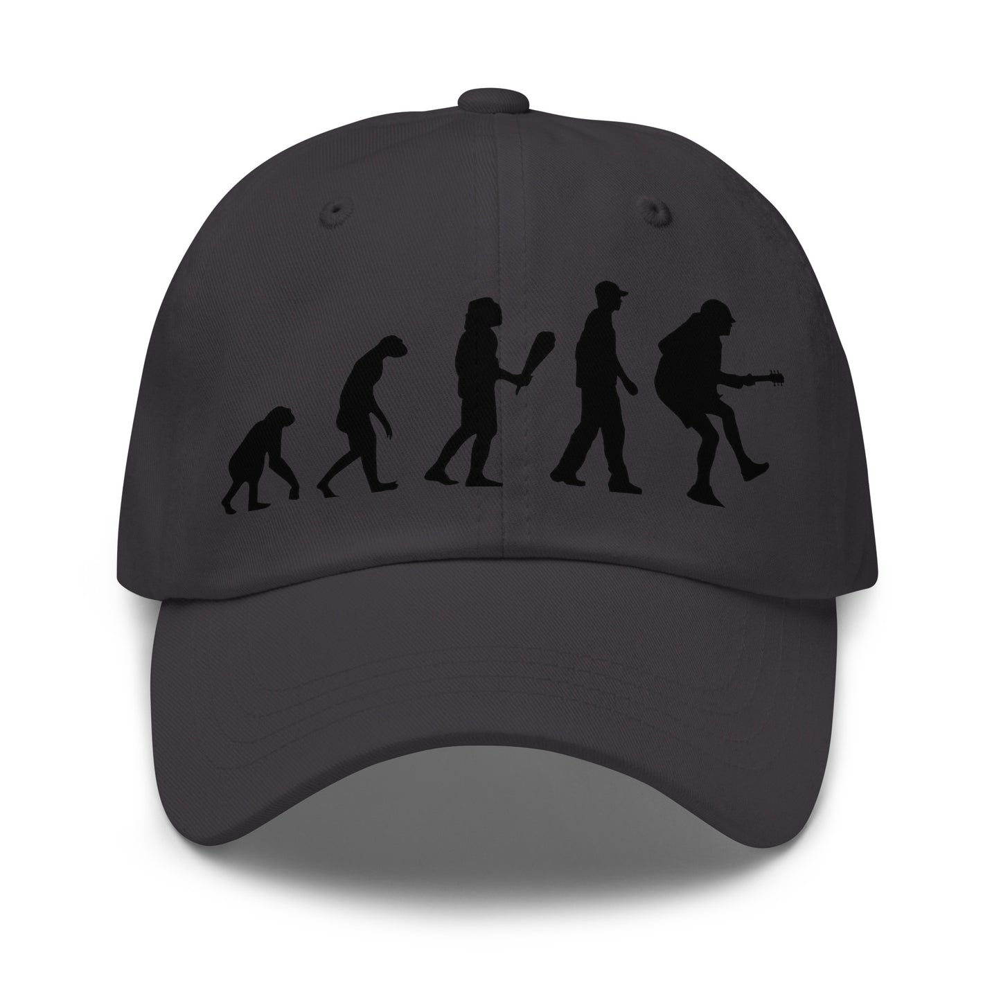 Casquette Baseball, brodée « Evolution de l'homme jusqu'à un guitariste », en Gris Foncé, vue de face, image 31