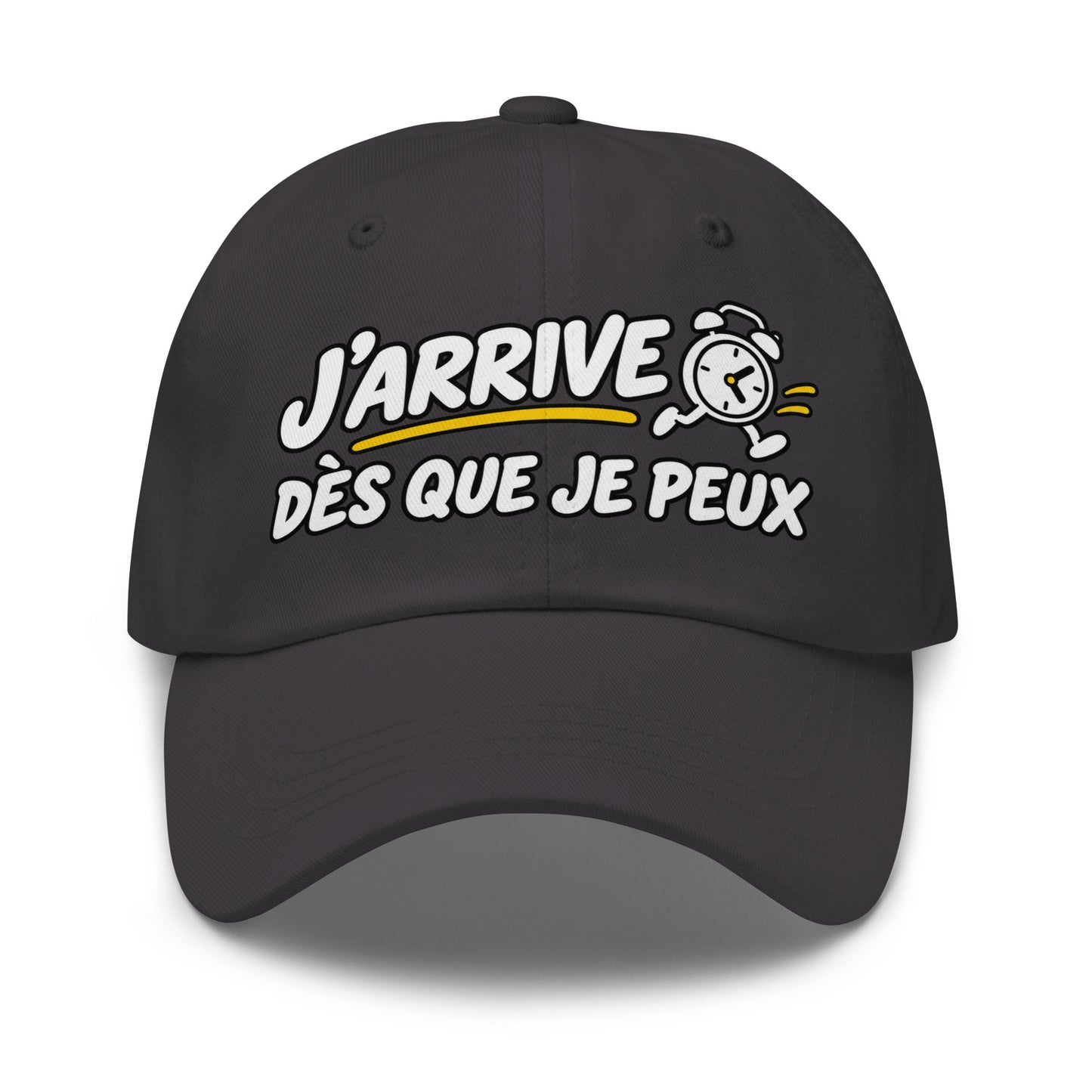 Casquette Baseball, brodée « J'arrive dès que je peux », en Gris Foncé, vue de face, image 19