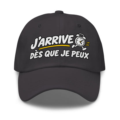 Casquette Baseball, brodée « J'arrive dès que je peux », en Gris Foncé, vue de face, image 19