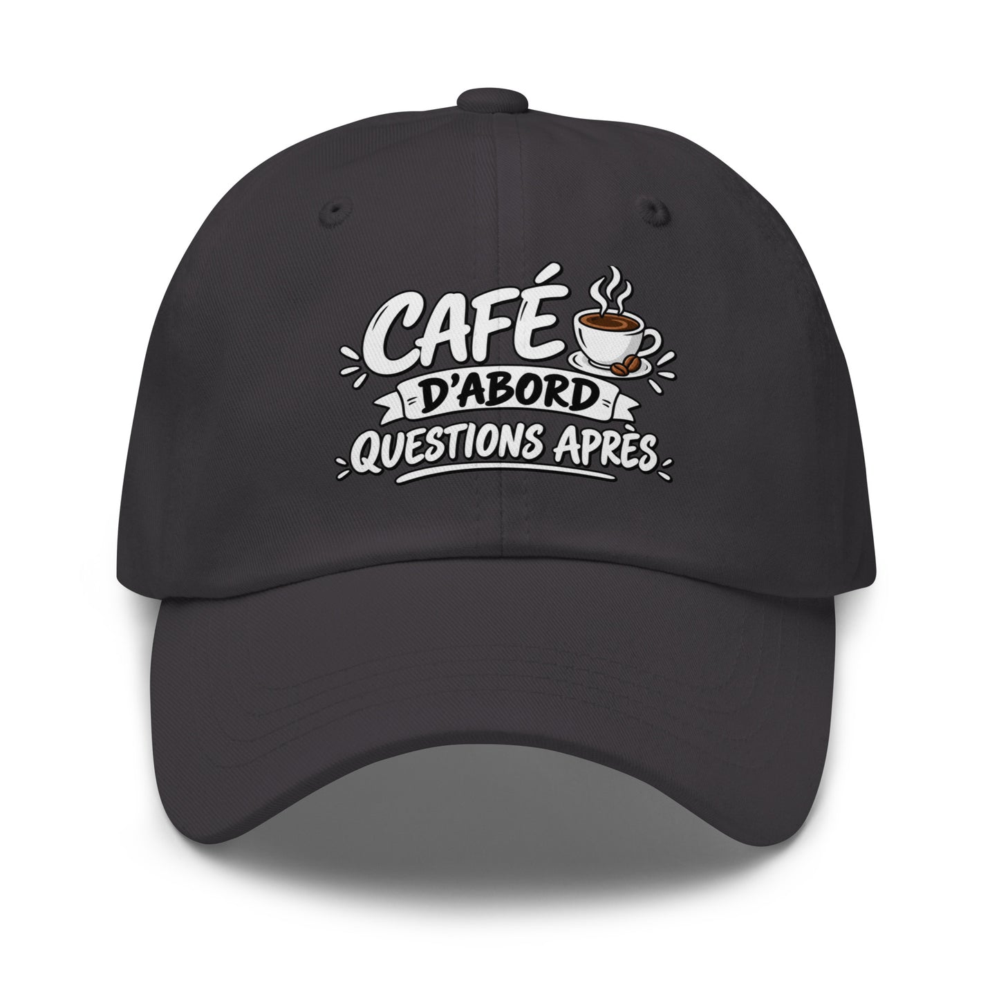 Casquette Baseball, brodée « Café d'abord, questions après », en Gris Foncé, vue de face, image 20