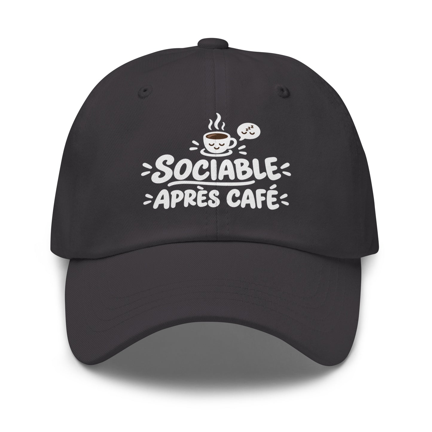 Casquette Baseball, brodée « Sociable après café », en Gris Foncé, vue de face, image 20