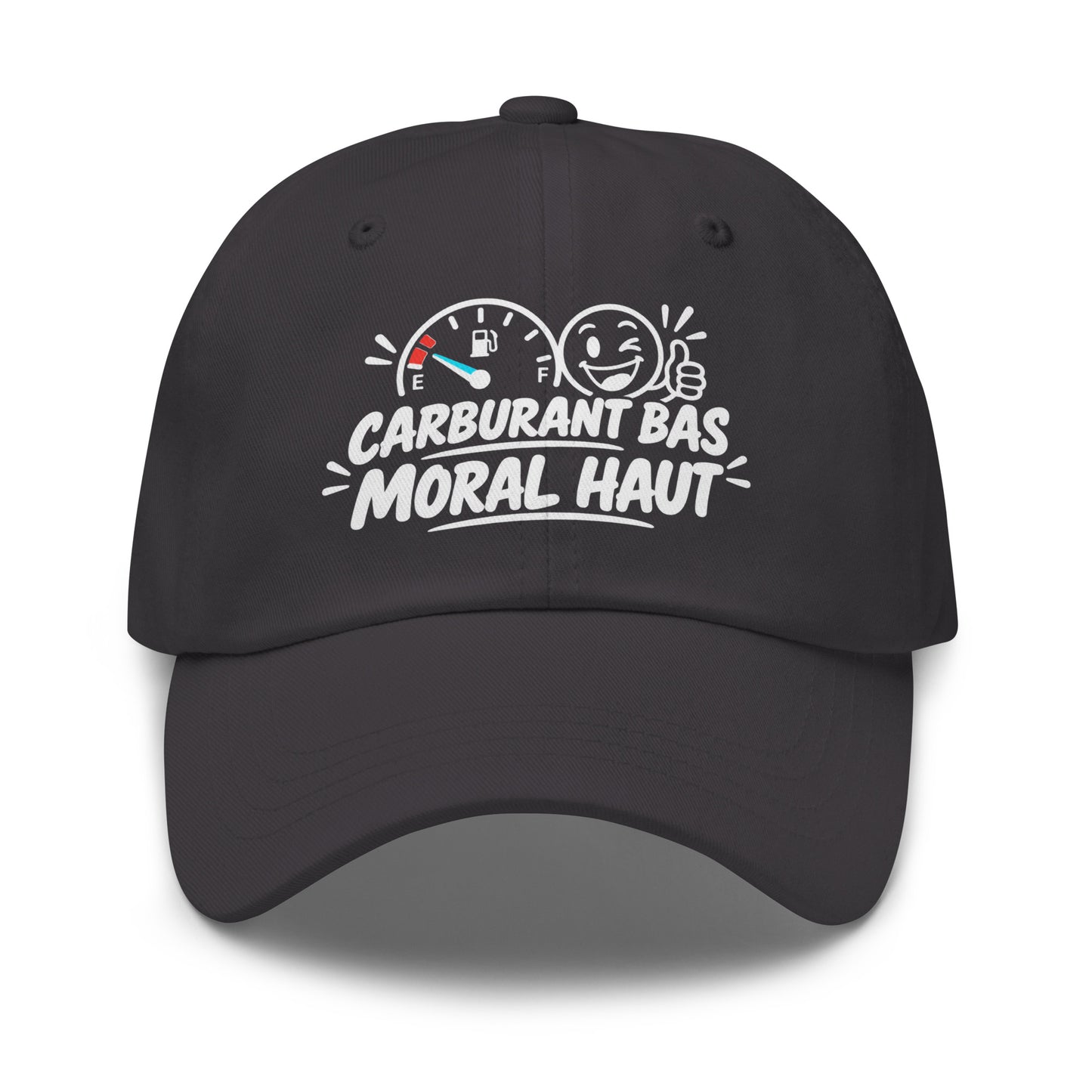 Casquette Baseball, brodée « Carburant bas, moral haut », en Gris Foncé, vue de face, image 19