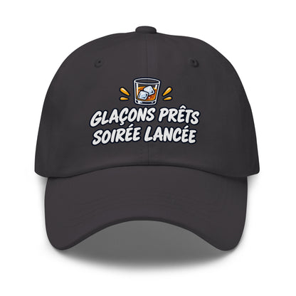 Casquette Baseball, brodée « Glaçons prêts, soirée lancée », en Gris Foncé, vue de face, image 20