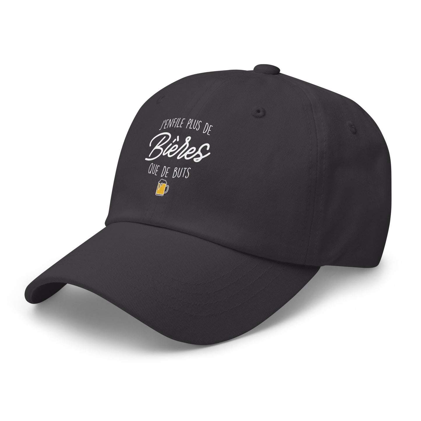 Casquette Baseball, brodée « J'enfile plus de bières que de buts », en Gris Foncé, vue de trois quarts, image 35