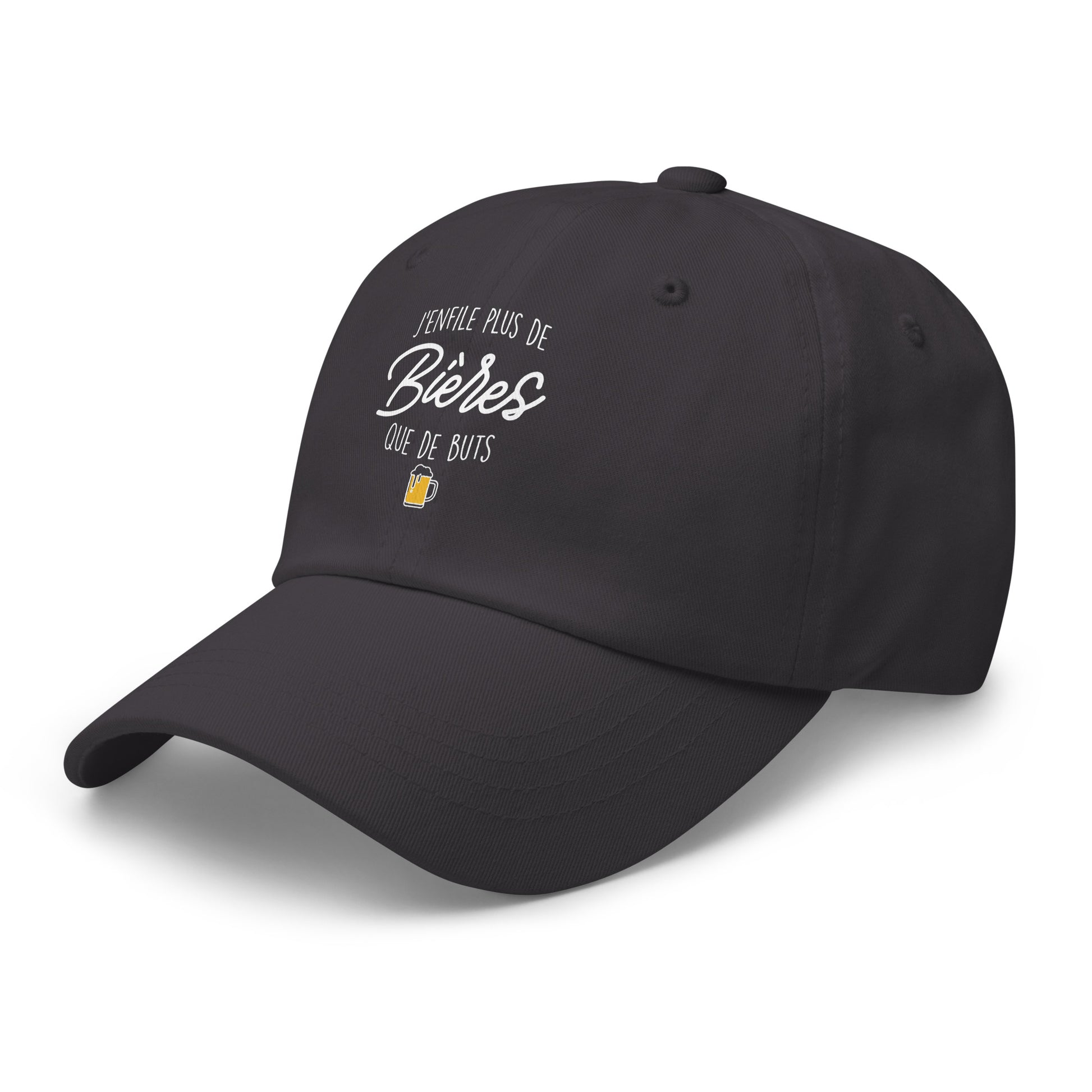 Casquette Baseball, brodée « J'enfile plus de bières que de buts », en Gris Foncé, vue de trois quarts, image 35