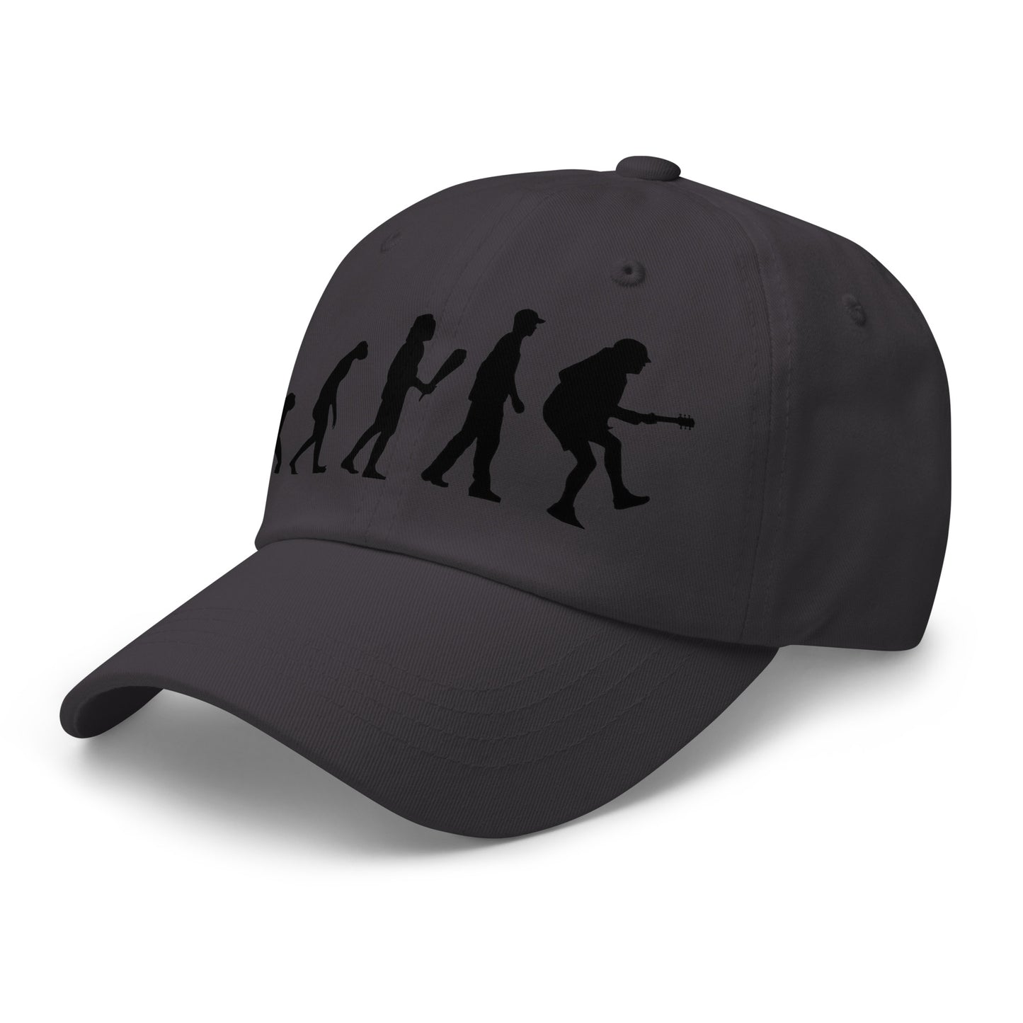 Casquette Baseball, brodée « Evolution de l'homme jusqu'à un guitariste », en Gris Foncé, vue de trois quarts, image 33