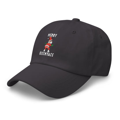 Casquette Baseball, brodée « Merry kiss my ass », en Gris Foncé, vue de trois quarts, image 21