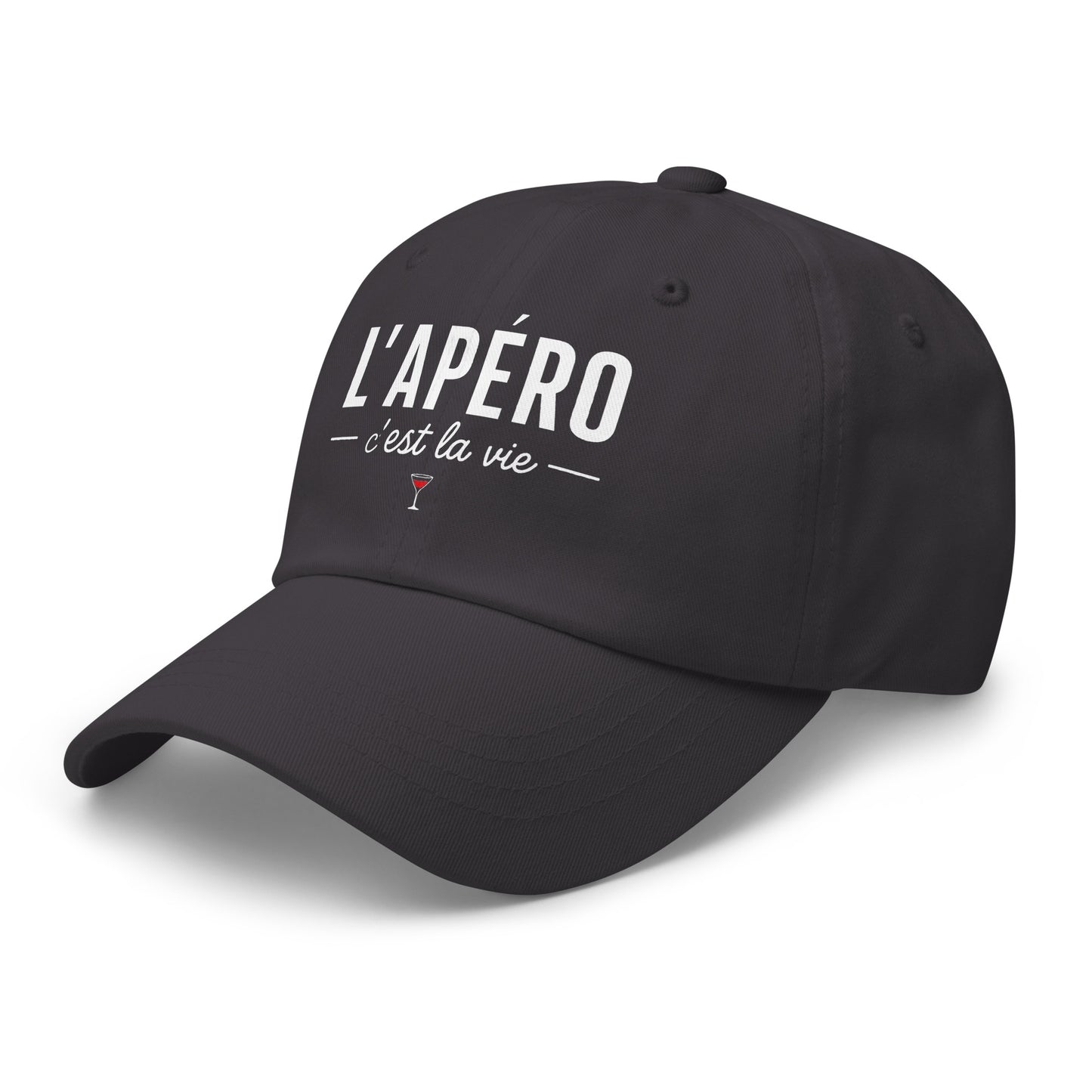 Casquette Baseball, brodée « L'apéro c'est la vie », en Gris Foncé, vue de trois quarts, image 22