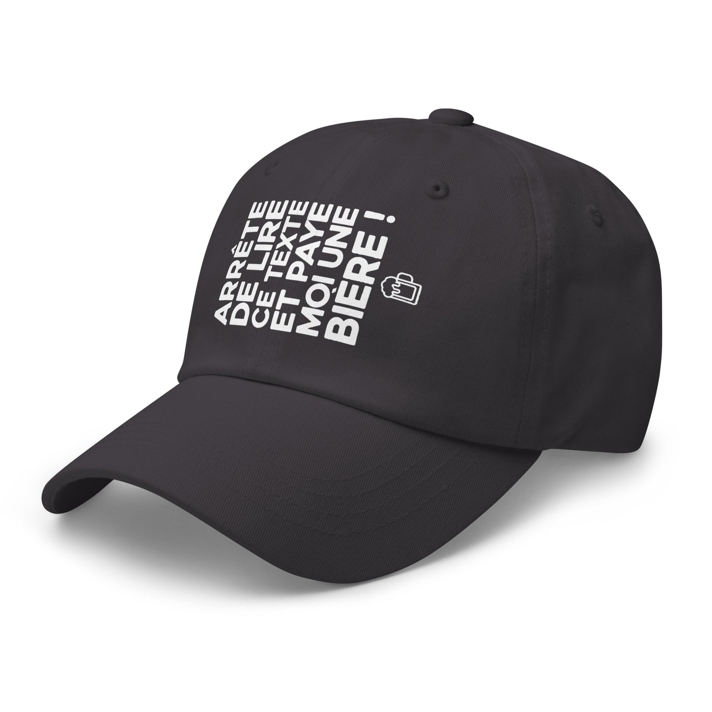 Casquette Baseball, brodée « Arrête de lire ce texte et paye moi une bière », en Gris Foncé, vue de trois quarts, image 22