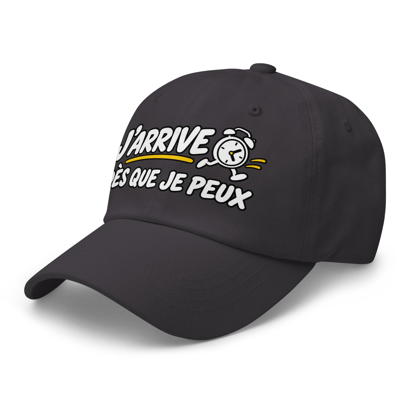 Casquette Baseball, brodée « J'arrive dès que je peux », en Gris Foncé, vue de trois quarts, image 21