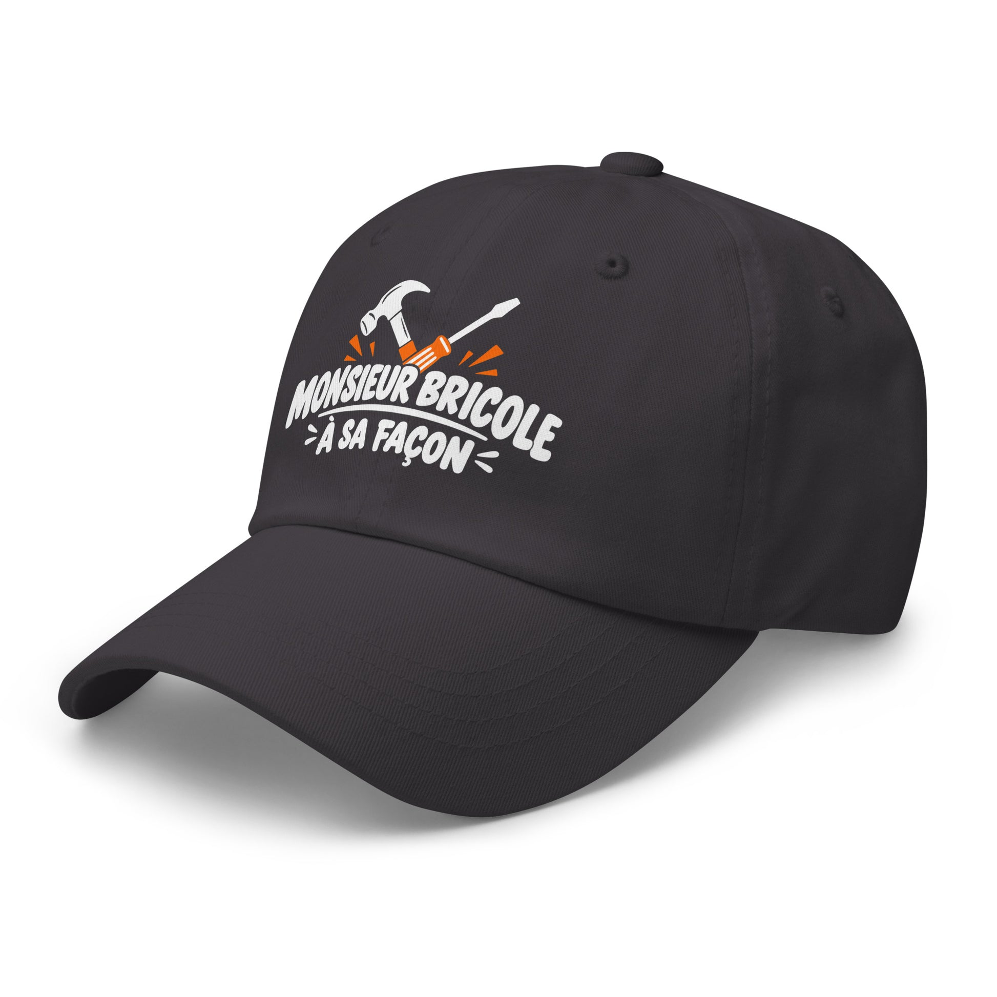 Casquette Baseball, brodée « Monsieur bricole, à sa façon », en Gris Foncé, vue de trois quarts, image 21