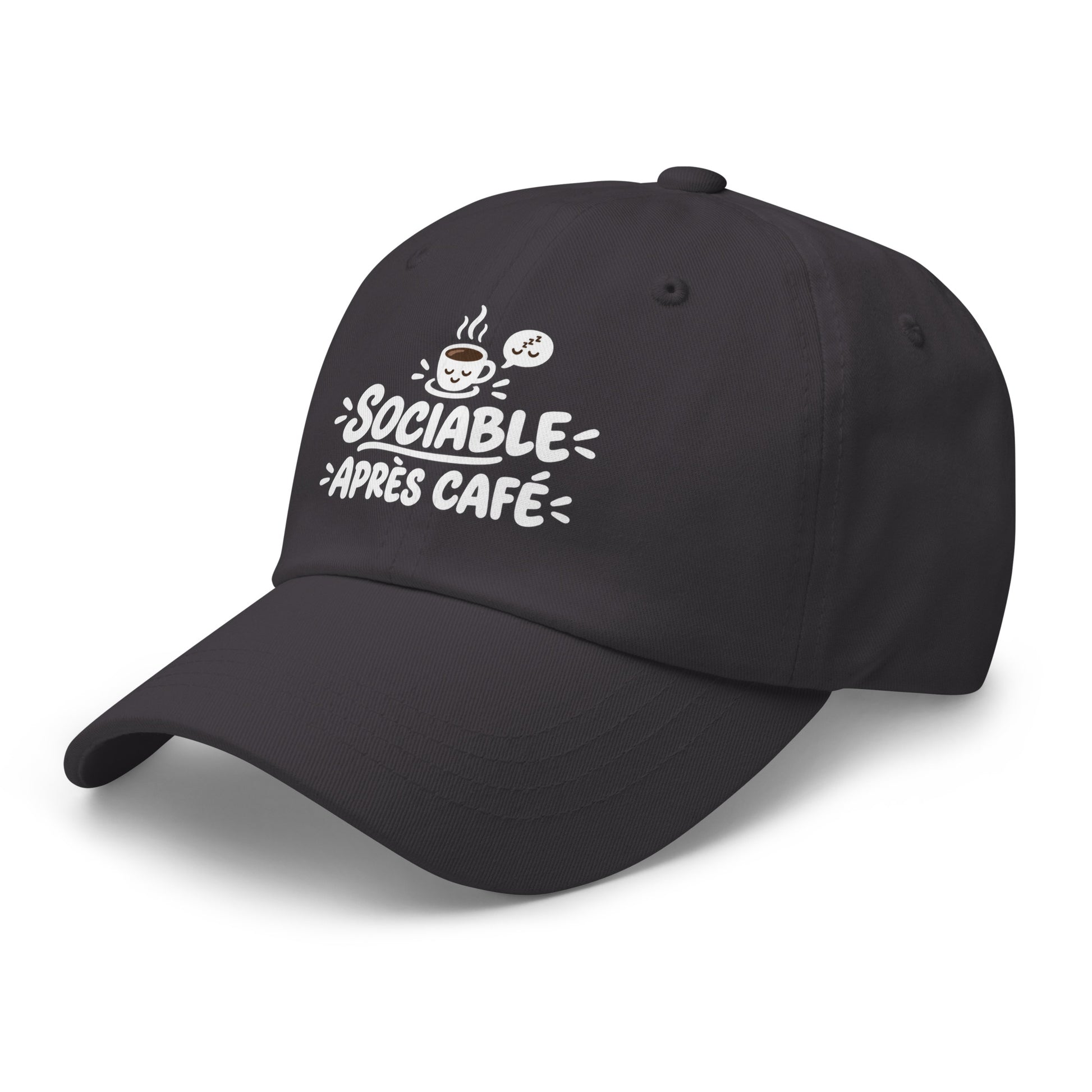 Casquette Baseball, brodée « Sociable après café », en Gris Foncé, vue de trois quarts