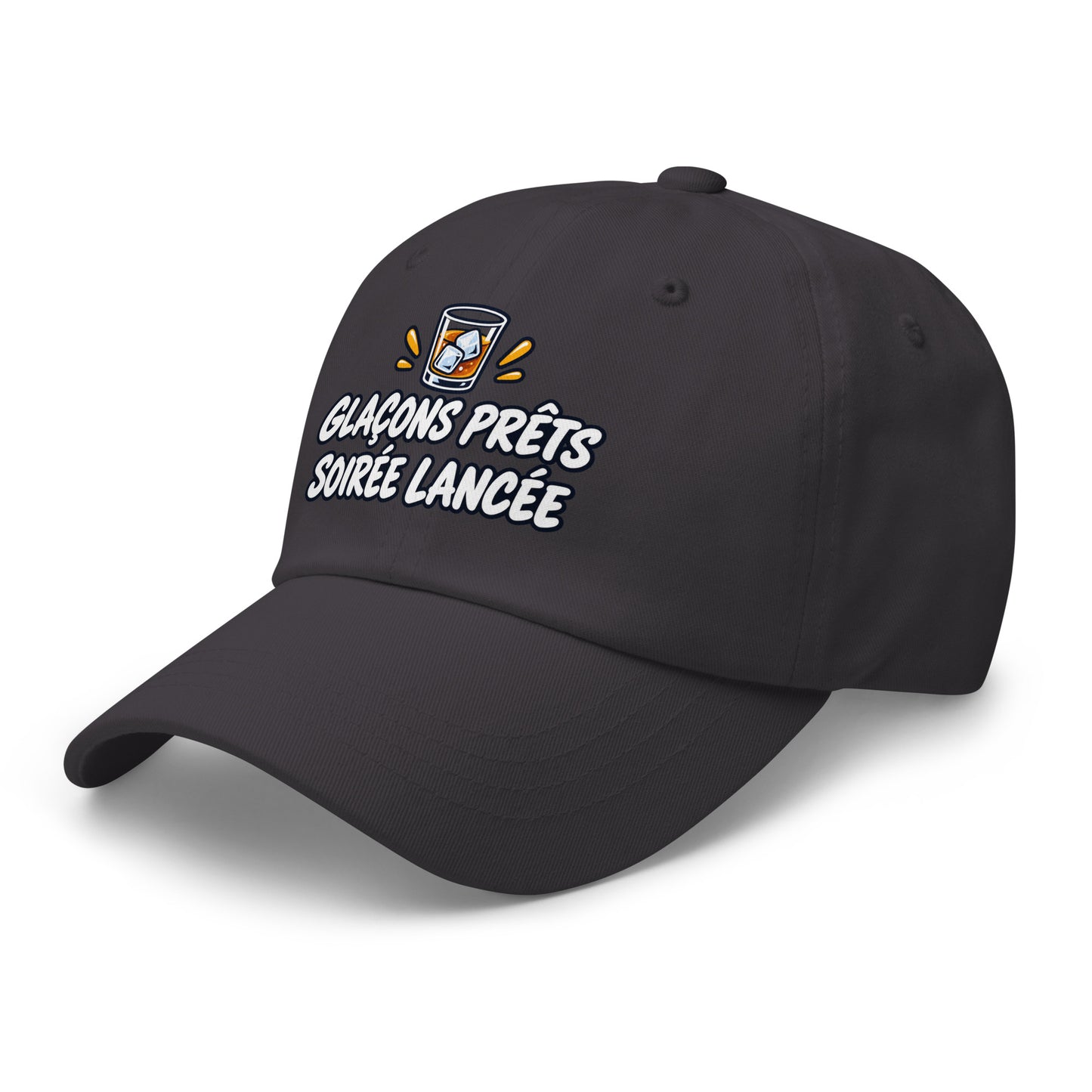 Casquette Baseball, brodée « Glaçons prêts, soirée lancée », en Gris Foncé, vue de trois quarts, image 22