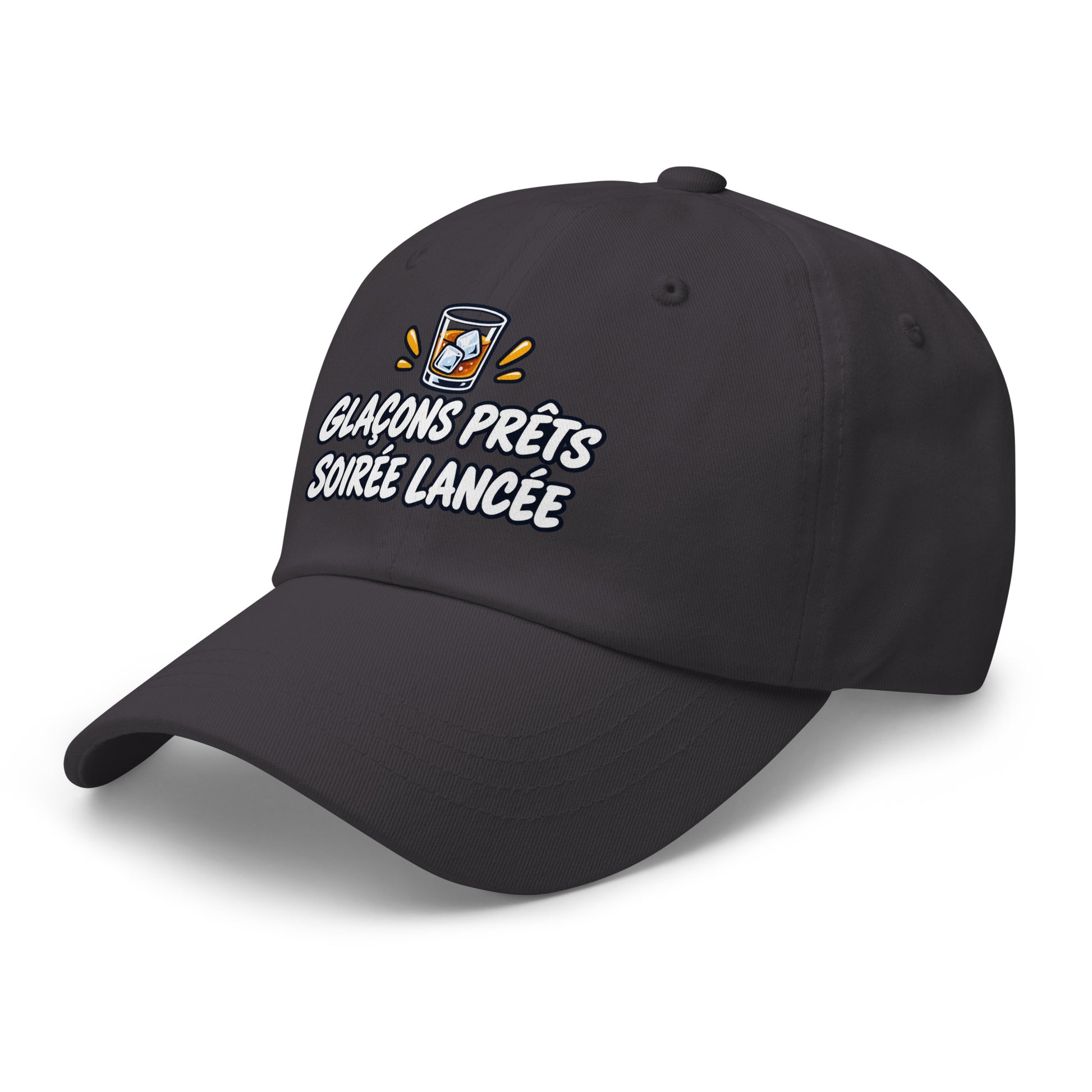 Casquette Baseball, brodée « Glaçons prêts, soirée lancée », en Gris Foncé, vue de trois quarts, image 22