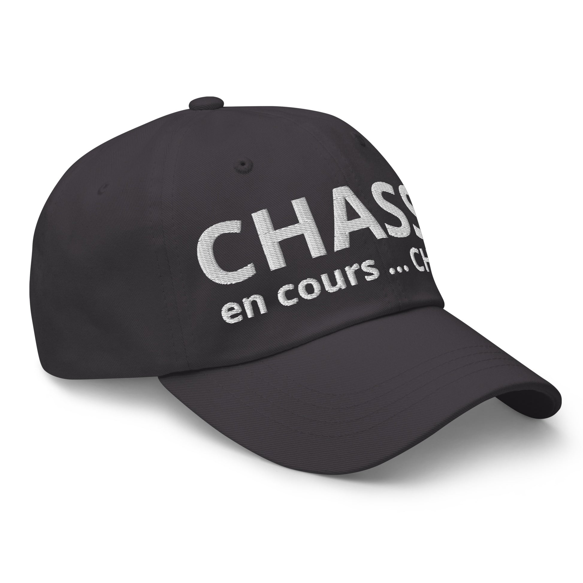 Casquette Baseball, brodée « Chasse en cours ... CHUT ! », en Gris Foncé, vue de trois quarts, image 27