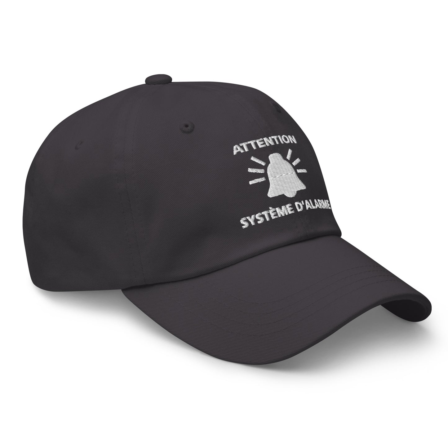 Casquette Baseball, brodée « Attention, système d'alarme », en Gris Foncé, vue de trois quarts, image 32