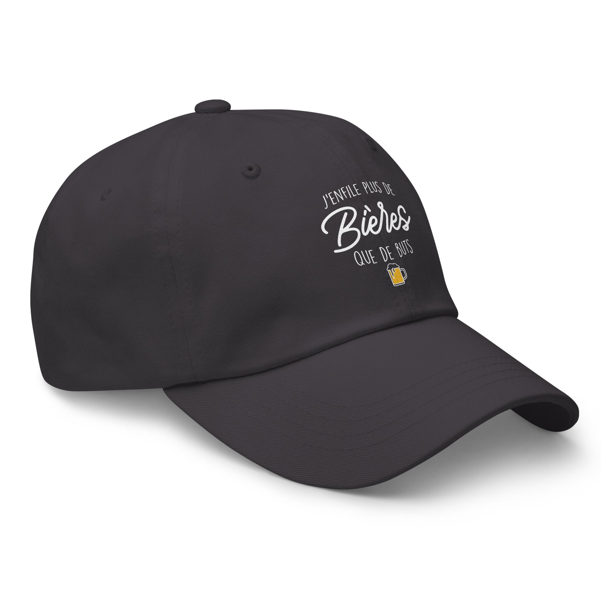 Casquette Baseball, brodée « J'enfile plus de bières que de buts », en Gris Foncé, vue de trois quarts, image 37