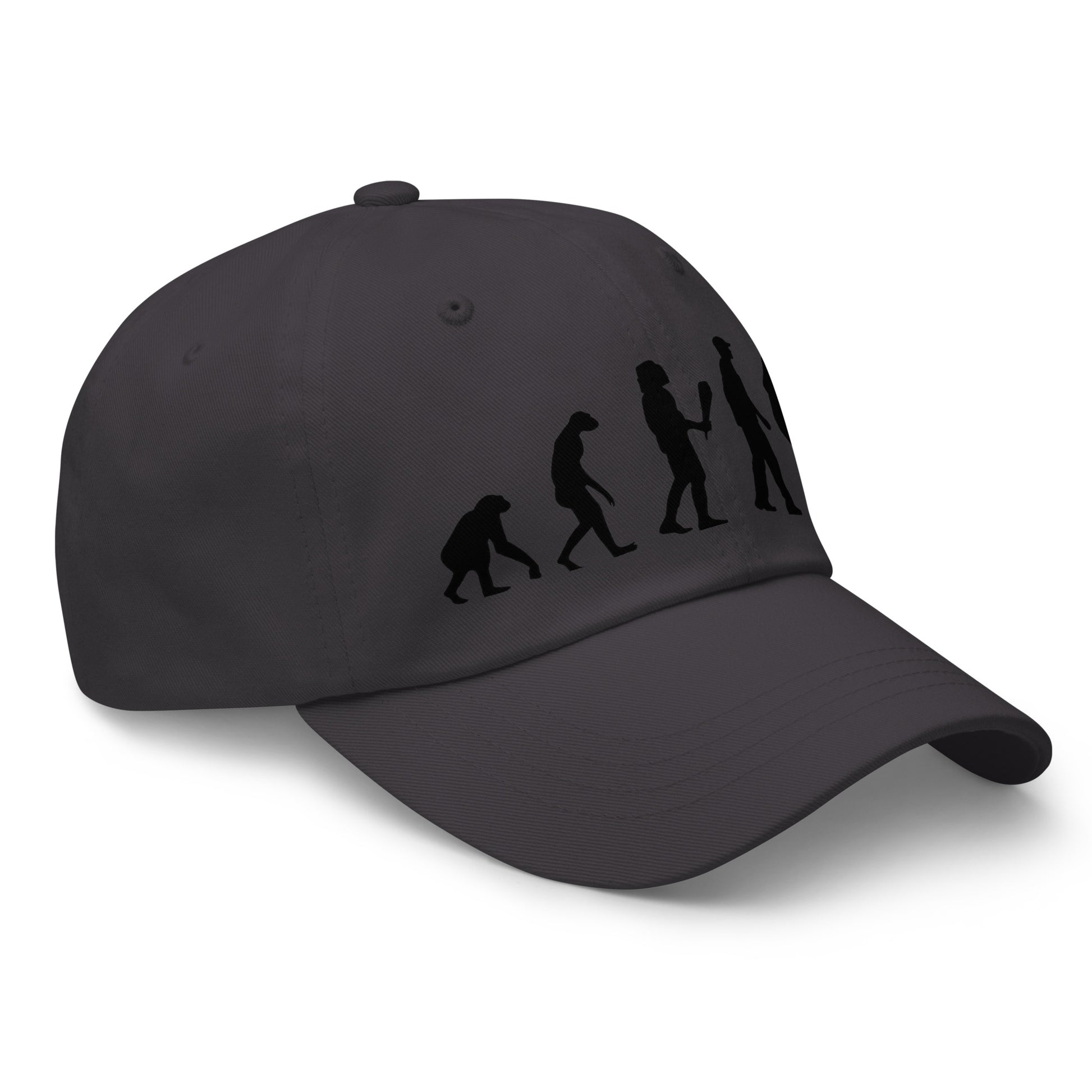 Casquette Baseball, brodée « Evolution de l'homme jusqu'à un guitariste », en Gris Foncé, vue de trois quarts, image 35