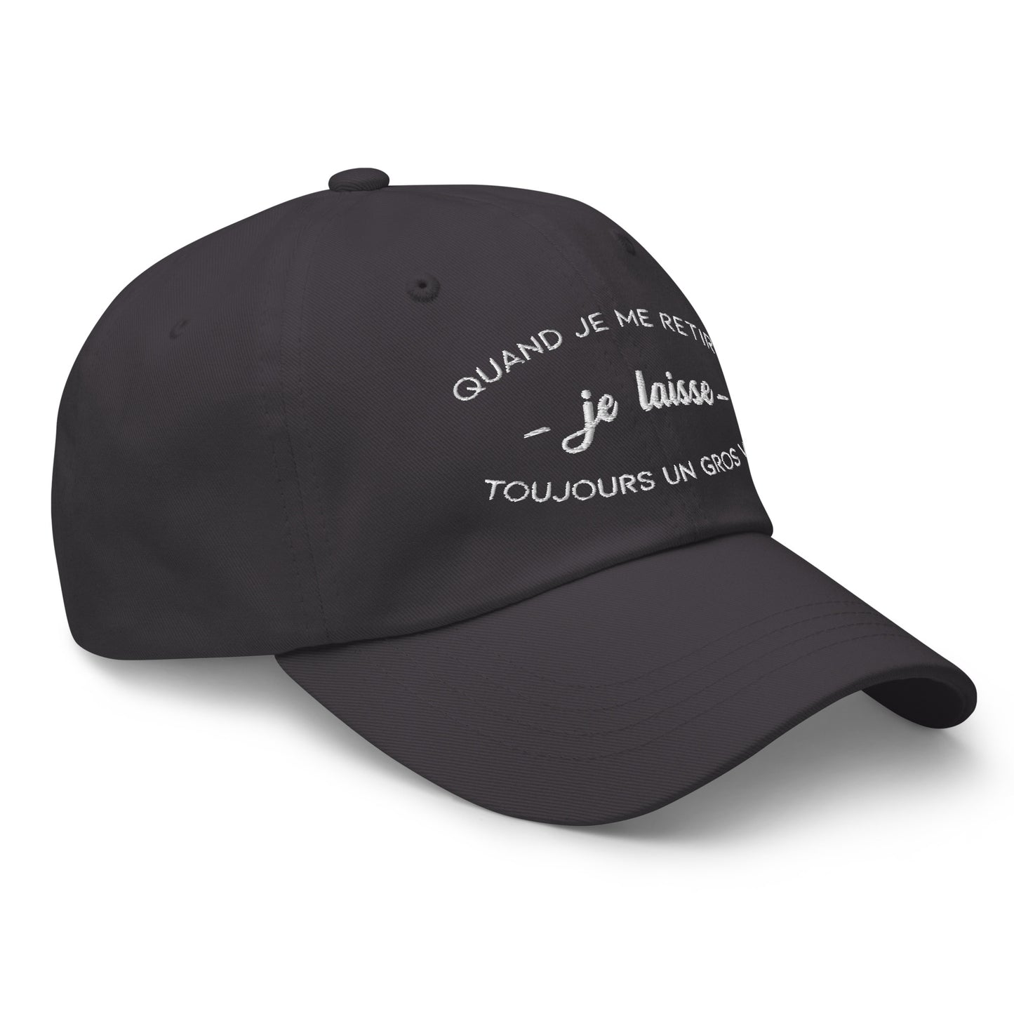 Casquette Baseball, brodée « Quand je me retire, je laisse toujours un gros vide », en Gris Foncé, vue de trois quarts, image 26