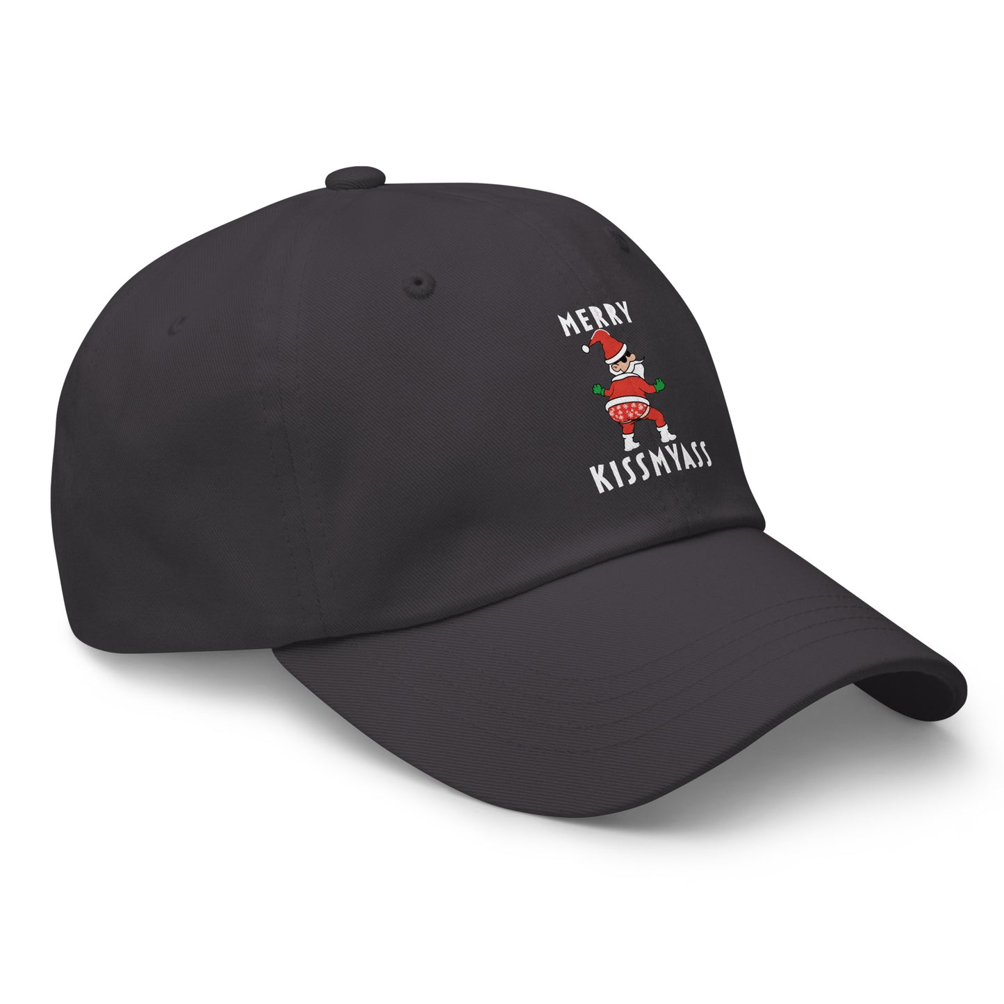 Casquette Baseball, brodée « Merry kiss my ass », en Gris Foncé, vue de trois quarts, image 23