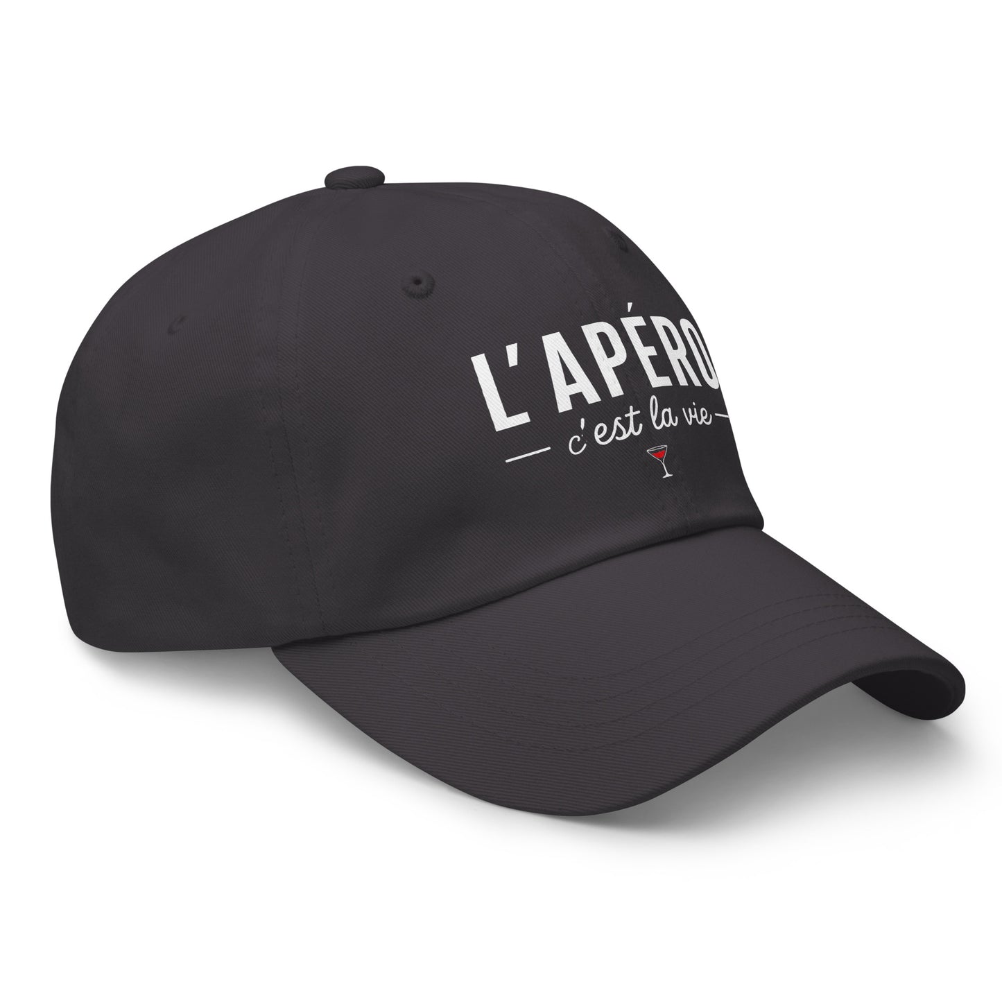 Casquette Baseball, brodée « L'apéro c'est la vie », en Gris Foncé, vue de trois quarts, image 24