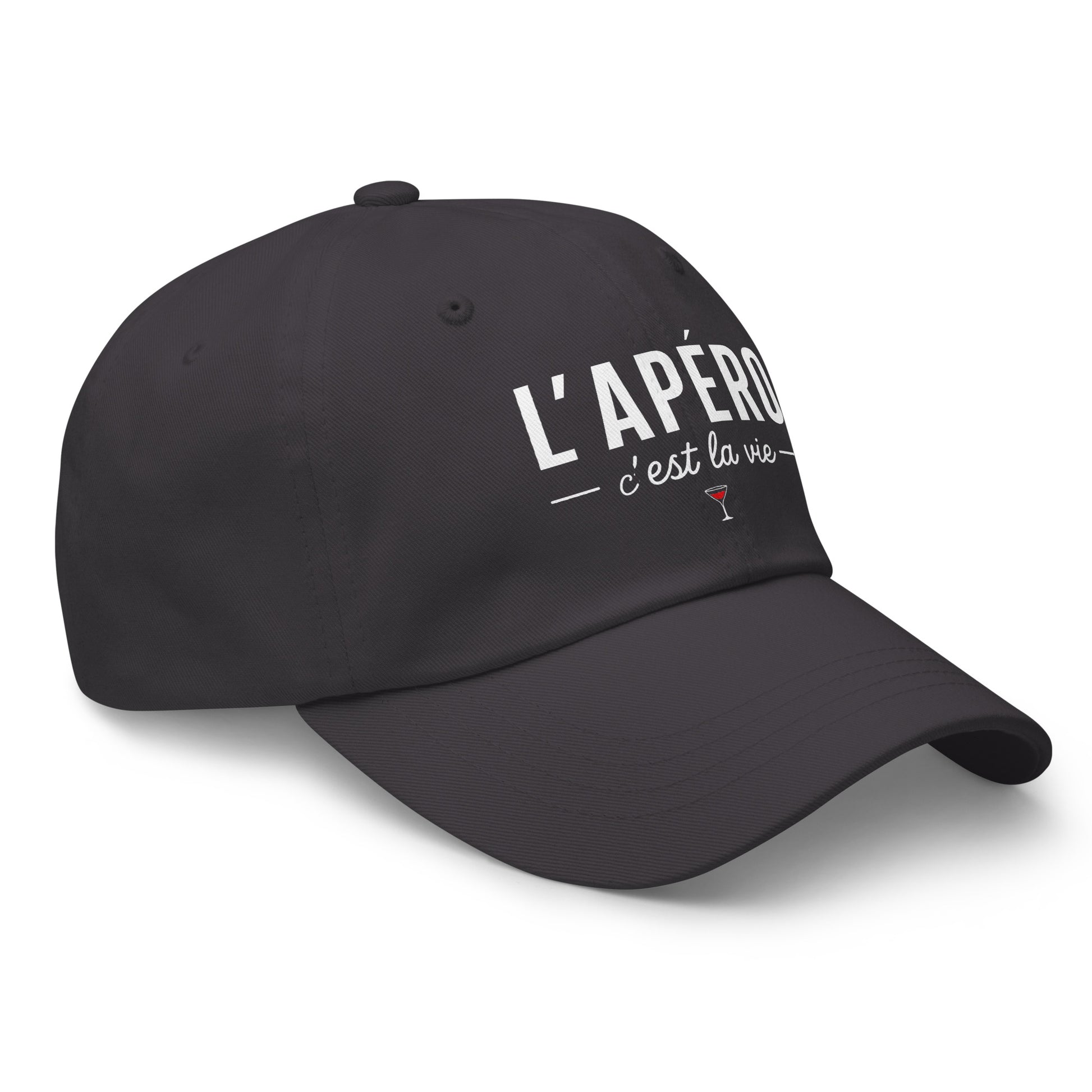 Casquette Baseball, brodée « L'apéro c'est la vie », en Gris Foncé, vue de trois quarts, image 24