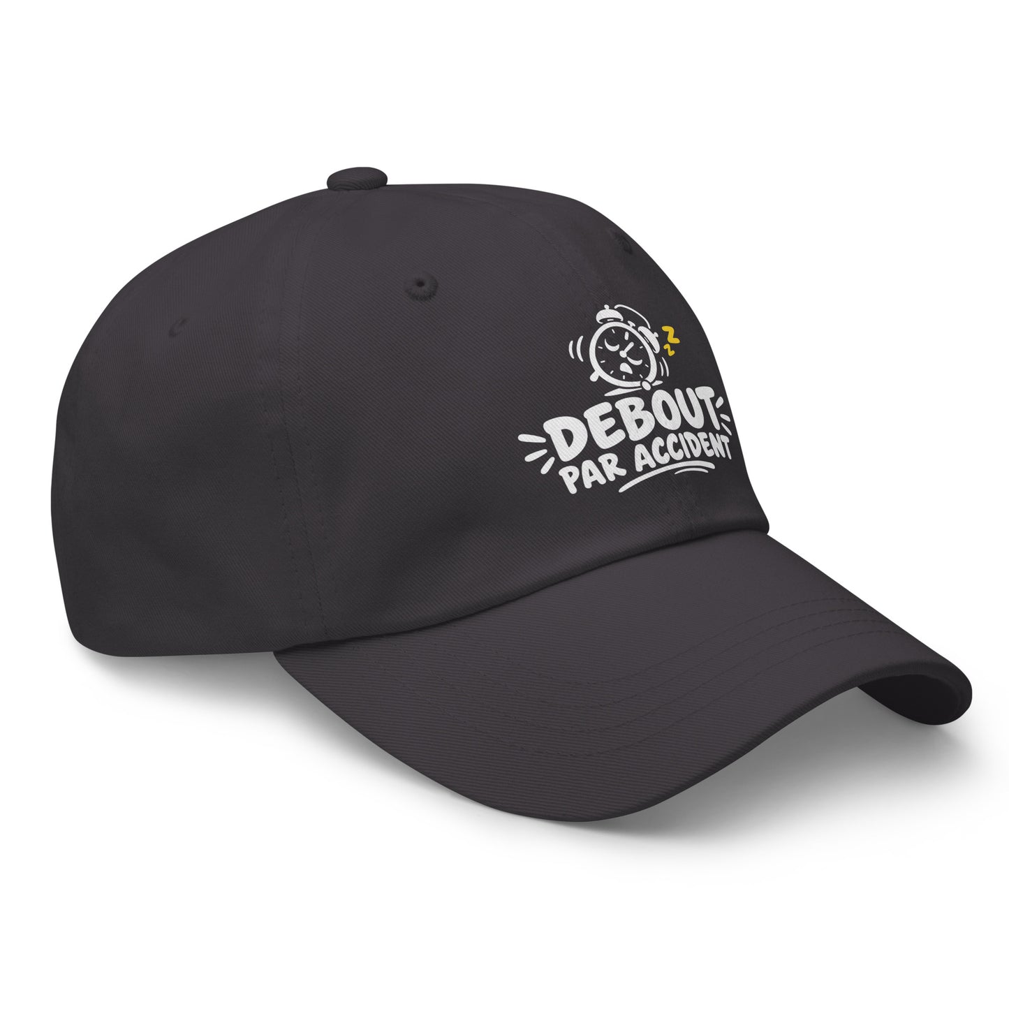 Casquette Baseball, brodée « Debout par accident », en Gris Foncé, vue de trois quarts, image 24