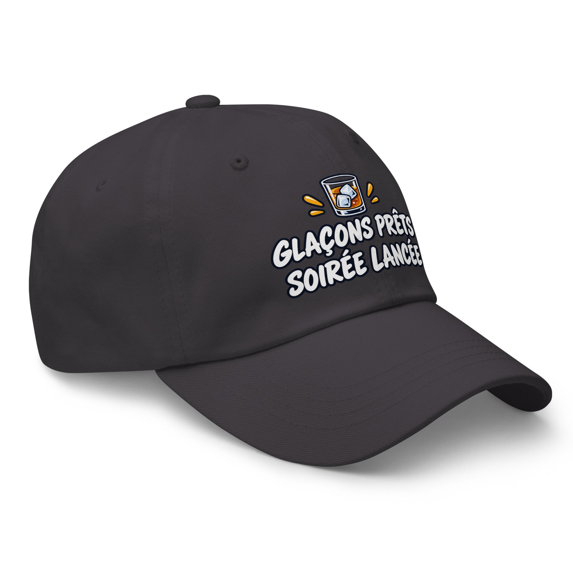 Casquette Baseball, brodée « Glaçons prêts, soirée lancée », en Gris Foncé, vue de trois quarts, image 24