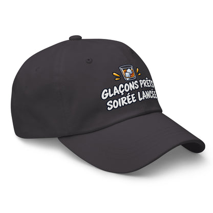 Casquette Baseball, brodée « Glaçons prêts, soirée lancée », en Gris Foncé, vue de trois quarts, image 24