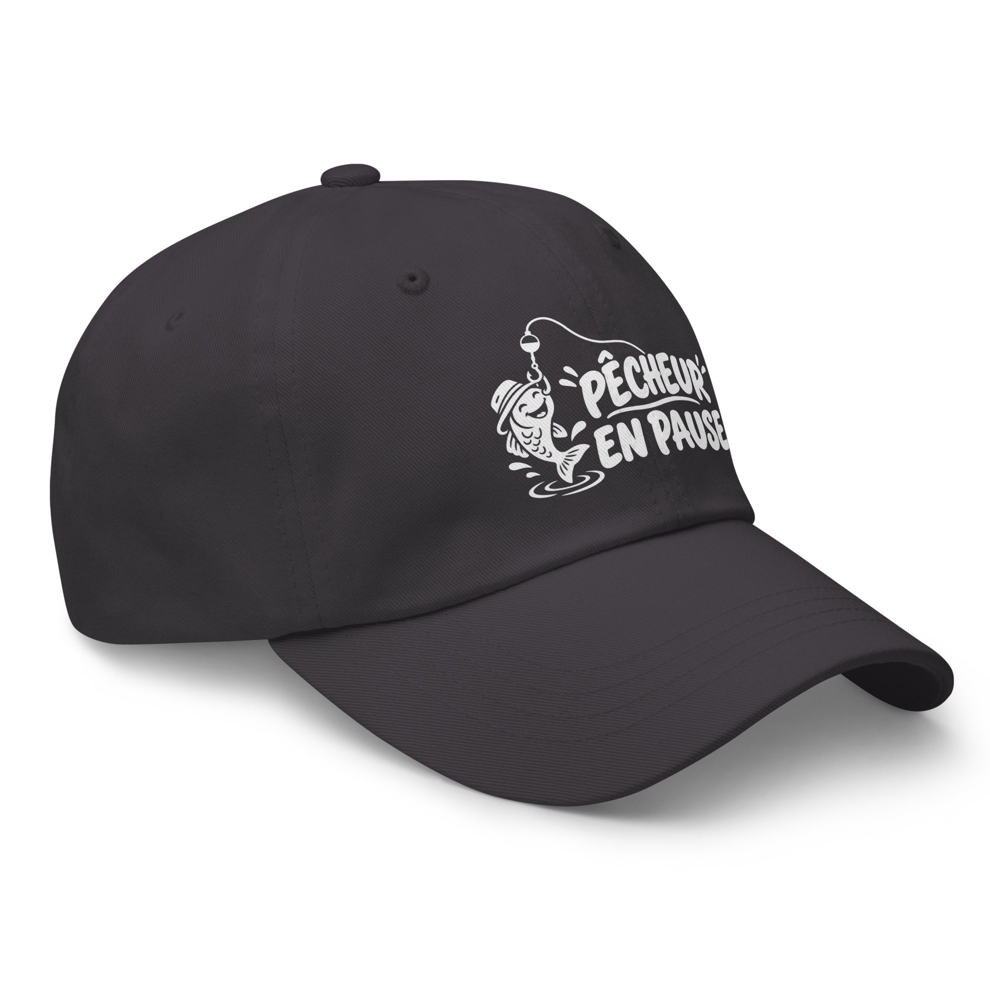 Casquette Baseball, brodée « Pêcheur en pause », en Gris Foncé, vue de trois quarts, image 23