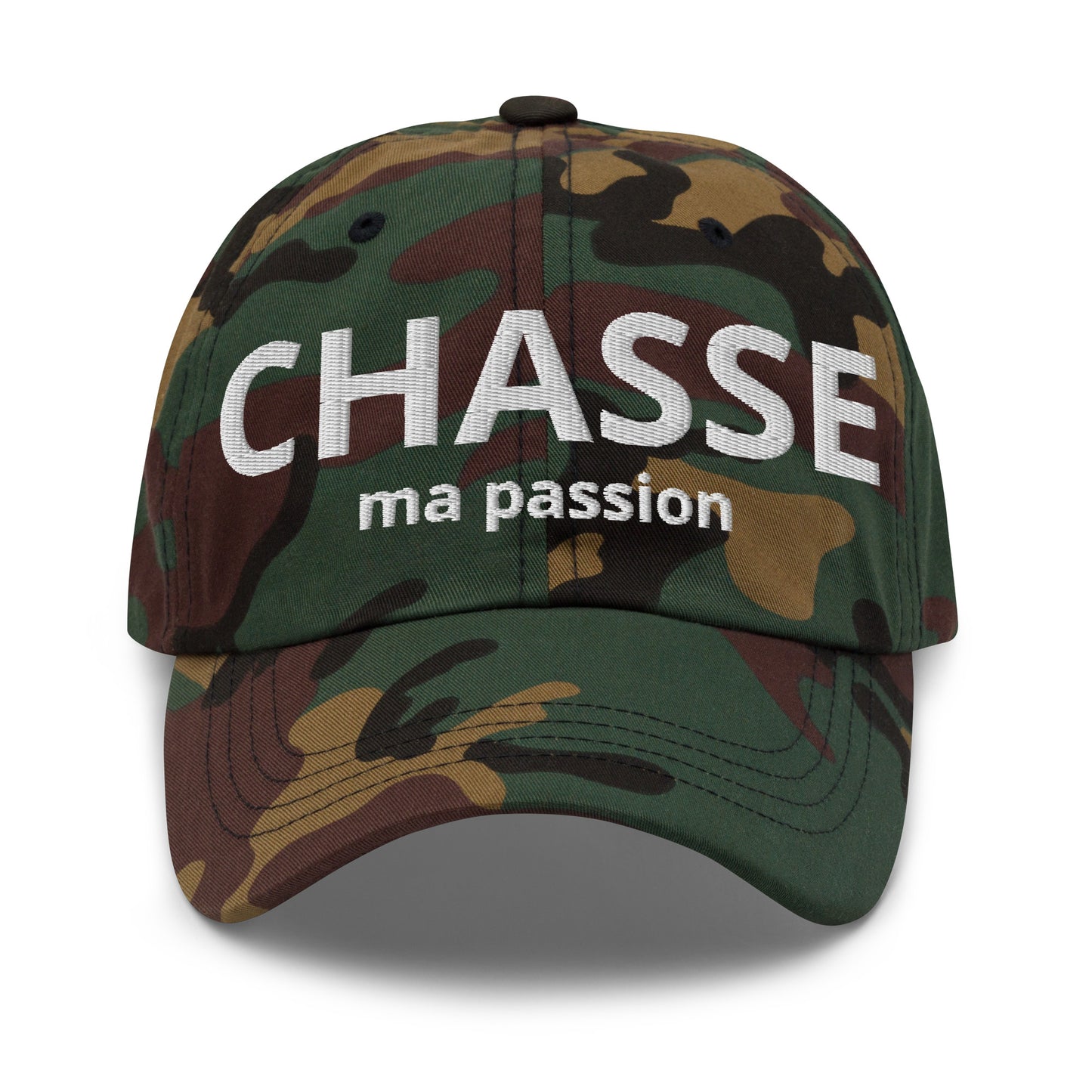 Casquette Baseball, brodée « Chasse ma passion », en Camouflage Vert, vue de face, image 30