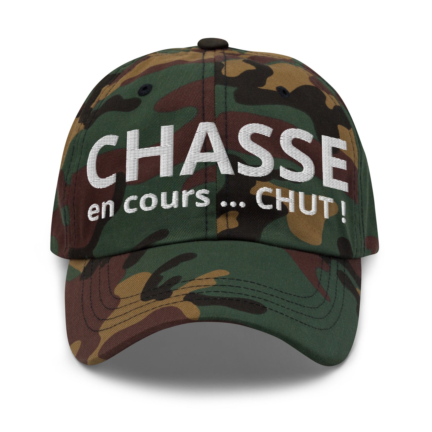 Casquette Baseball, brodée « Chasse en cours ... CHUT ! », en Camouflage Vert, vue de face, image 2