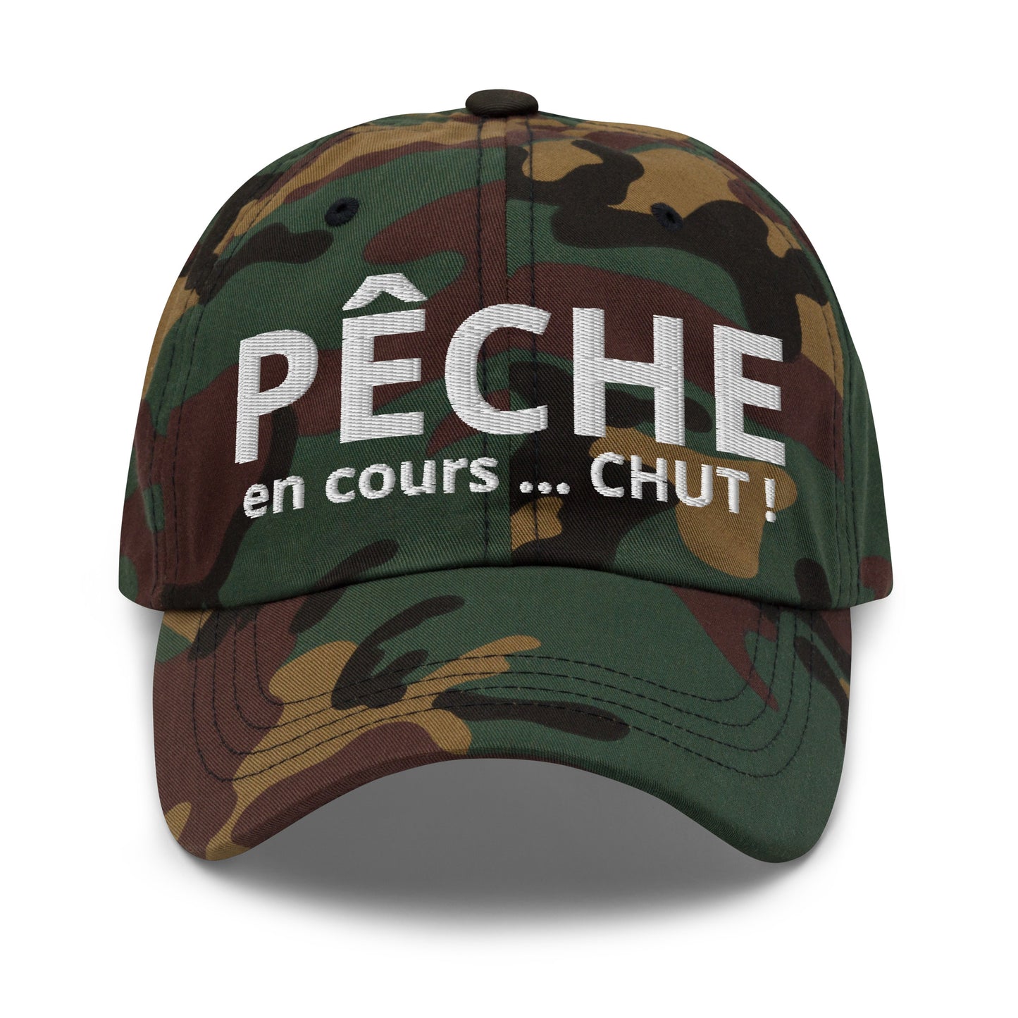 Casquette Baseball, brodée « Pêche en cours ... CHUT ! », en Camouflage Vert, vue de face, image 41