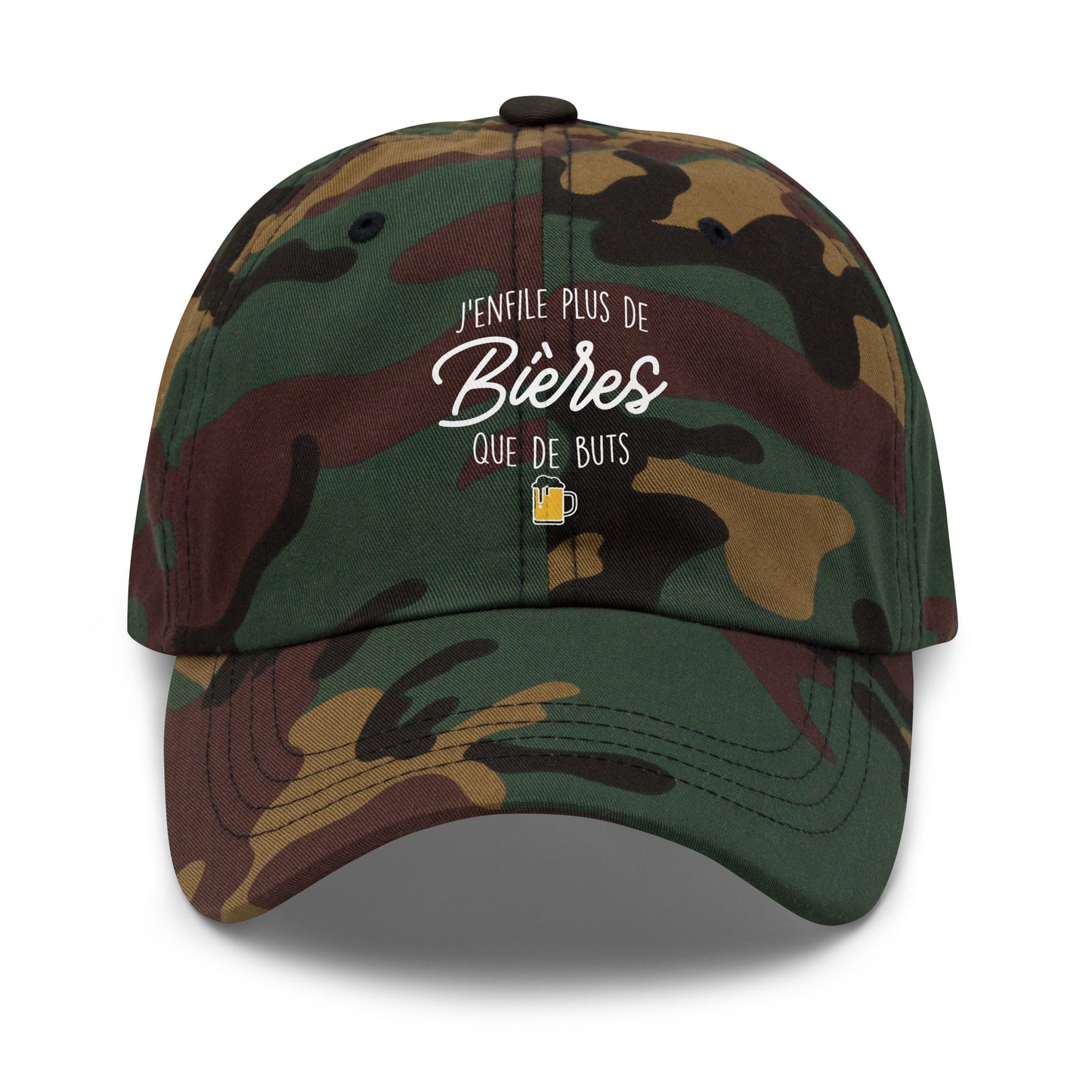 Casquette Baseball, brodée « J'enfile plus de bières que de buts », en Camouflage Vert, vue de face, image 7