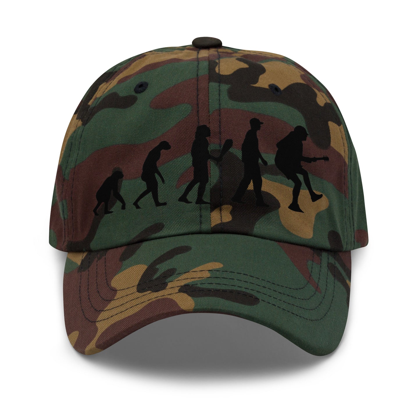 Casquette Baseball, brodée « Evolution de l'homme jusqu'à un guitariste », en Camouflage Vert, vue de face, image 10